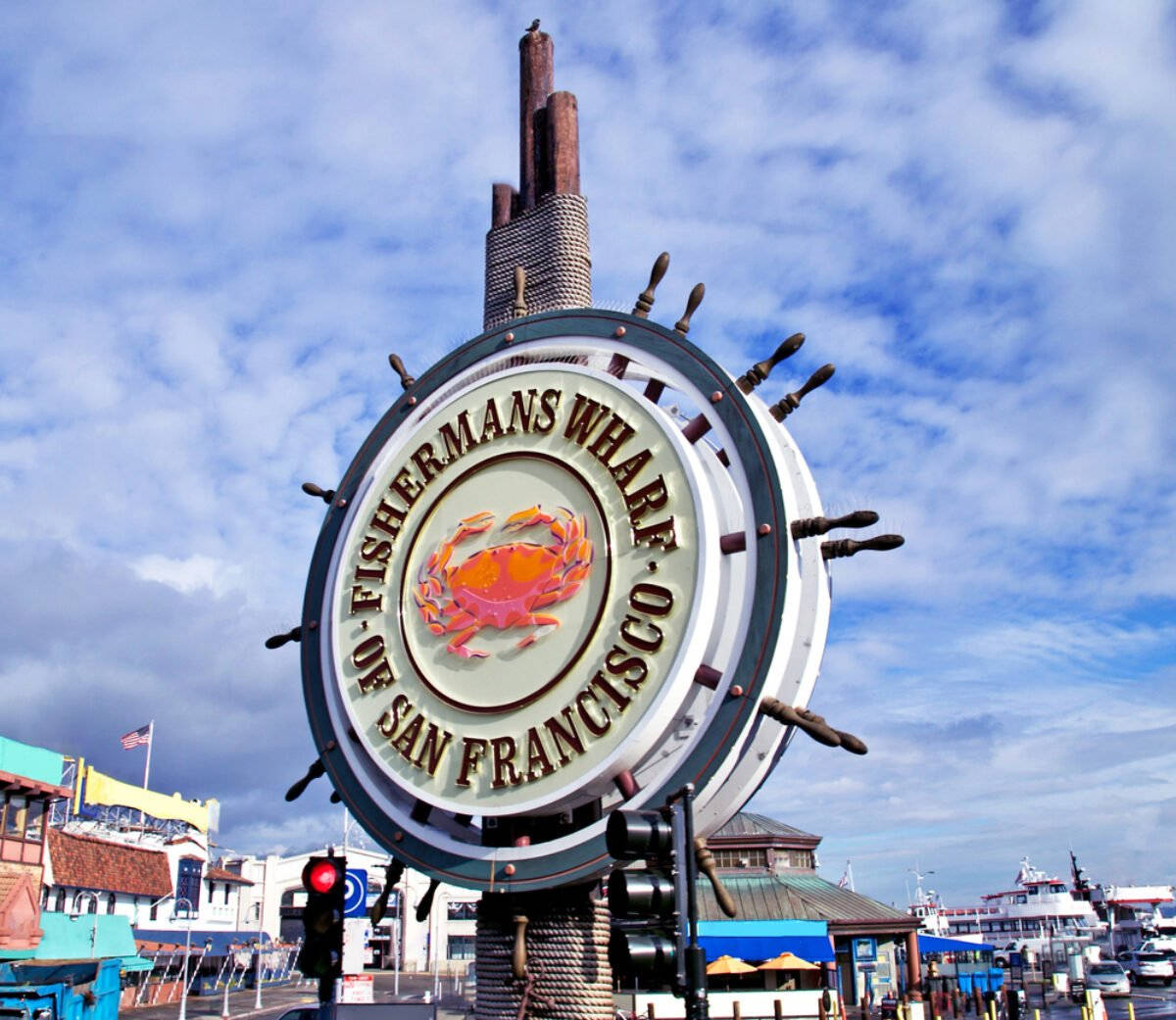 Fishermans Wharf, ship wheel sign, crab emblem, SD Desktop Wallpaper