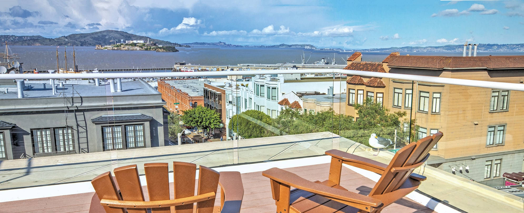 Fishermans Wharf, roof deck, wooden chairs, Full HD Desktop Wallpaper