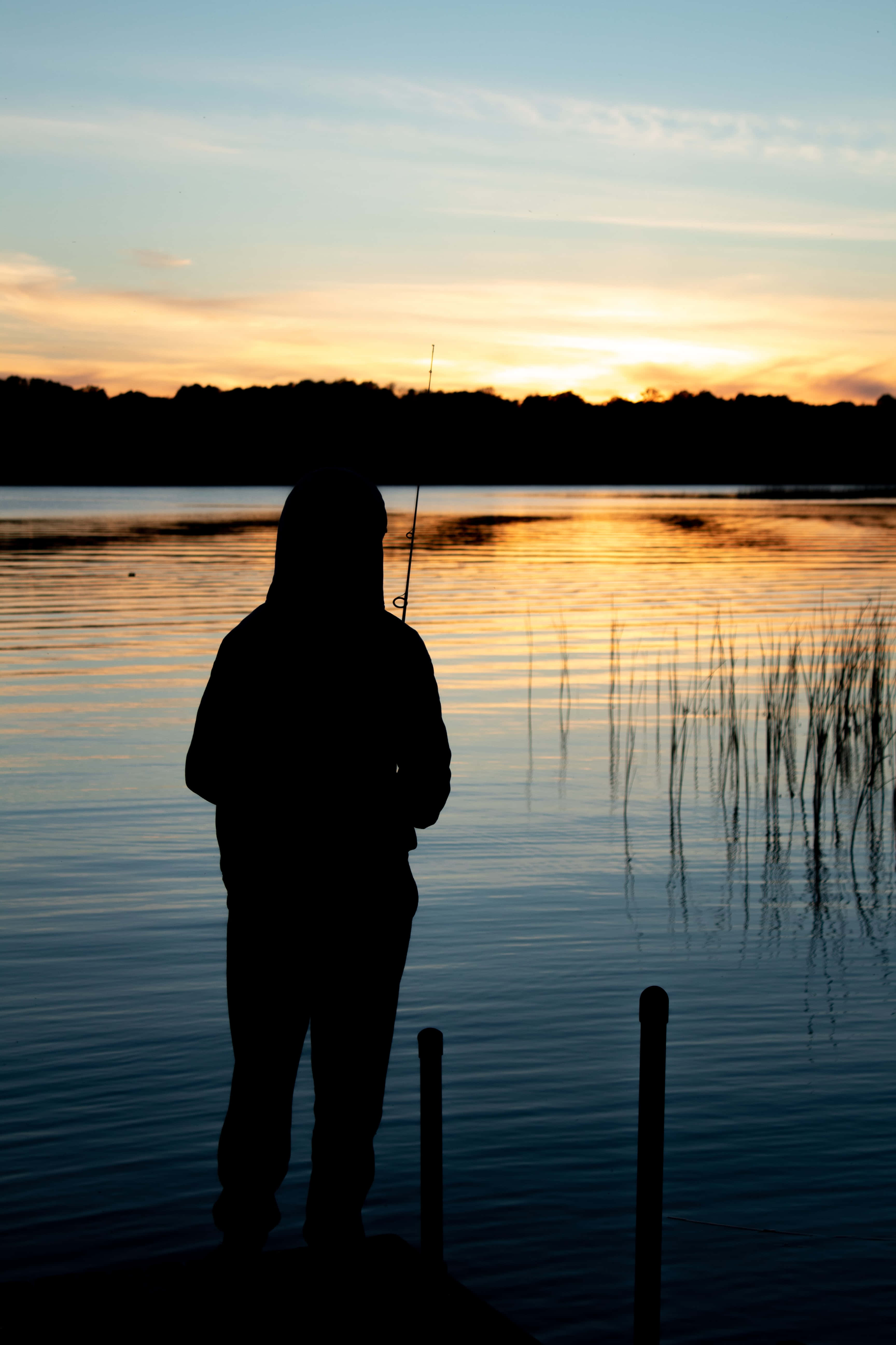 fishing phone, sunset, calm lake, 5K Phone Wallpaper