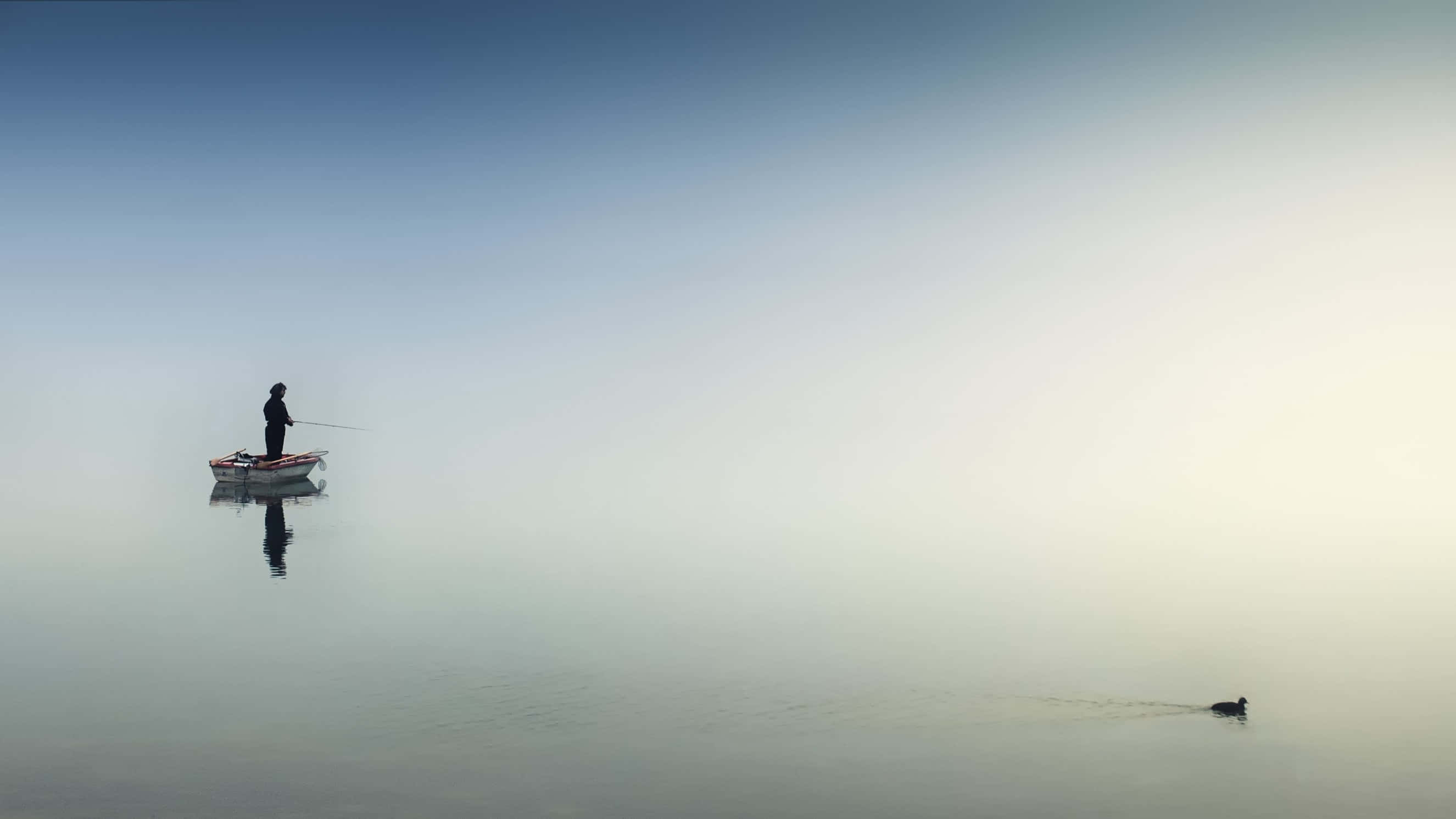 Fishing Calms, lone fisherman, small boat, 2K Desktop Wallpaper