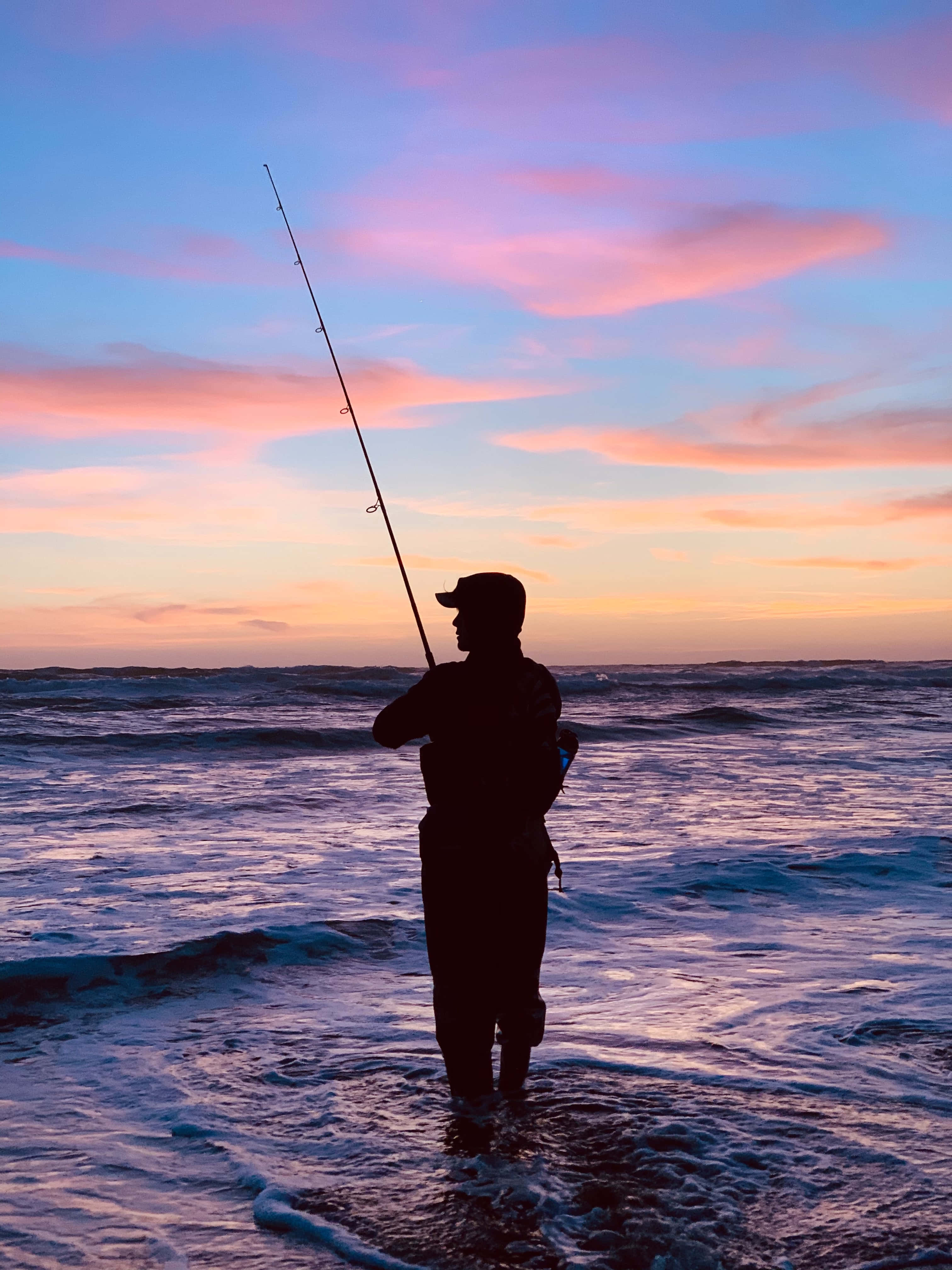 fishing phone, fisherman, ocean waves, 4K Phone Wallpaper