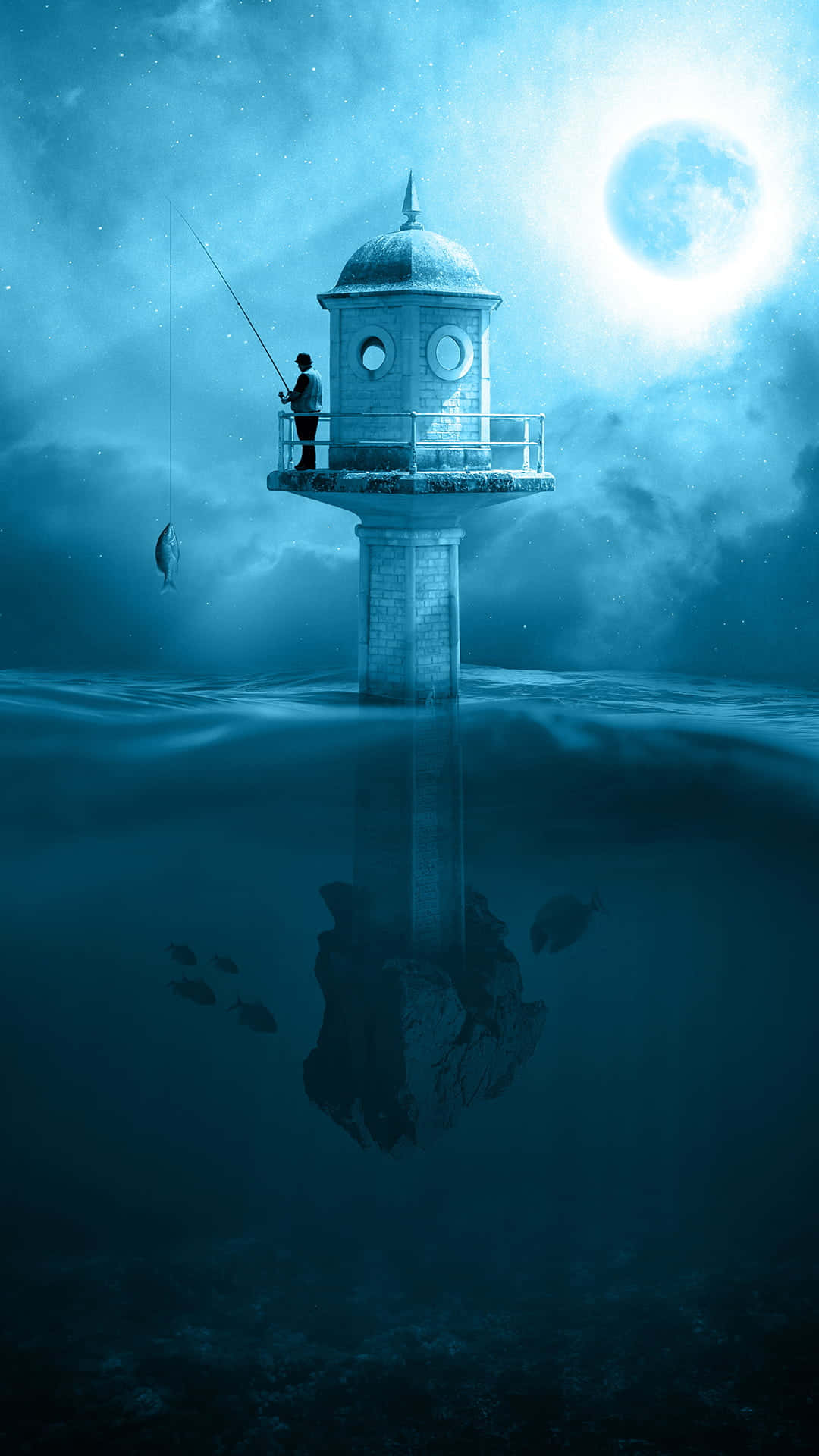 fishing phone, lighthouse, moonlit ocean, Full HD Phone Wallpaper