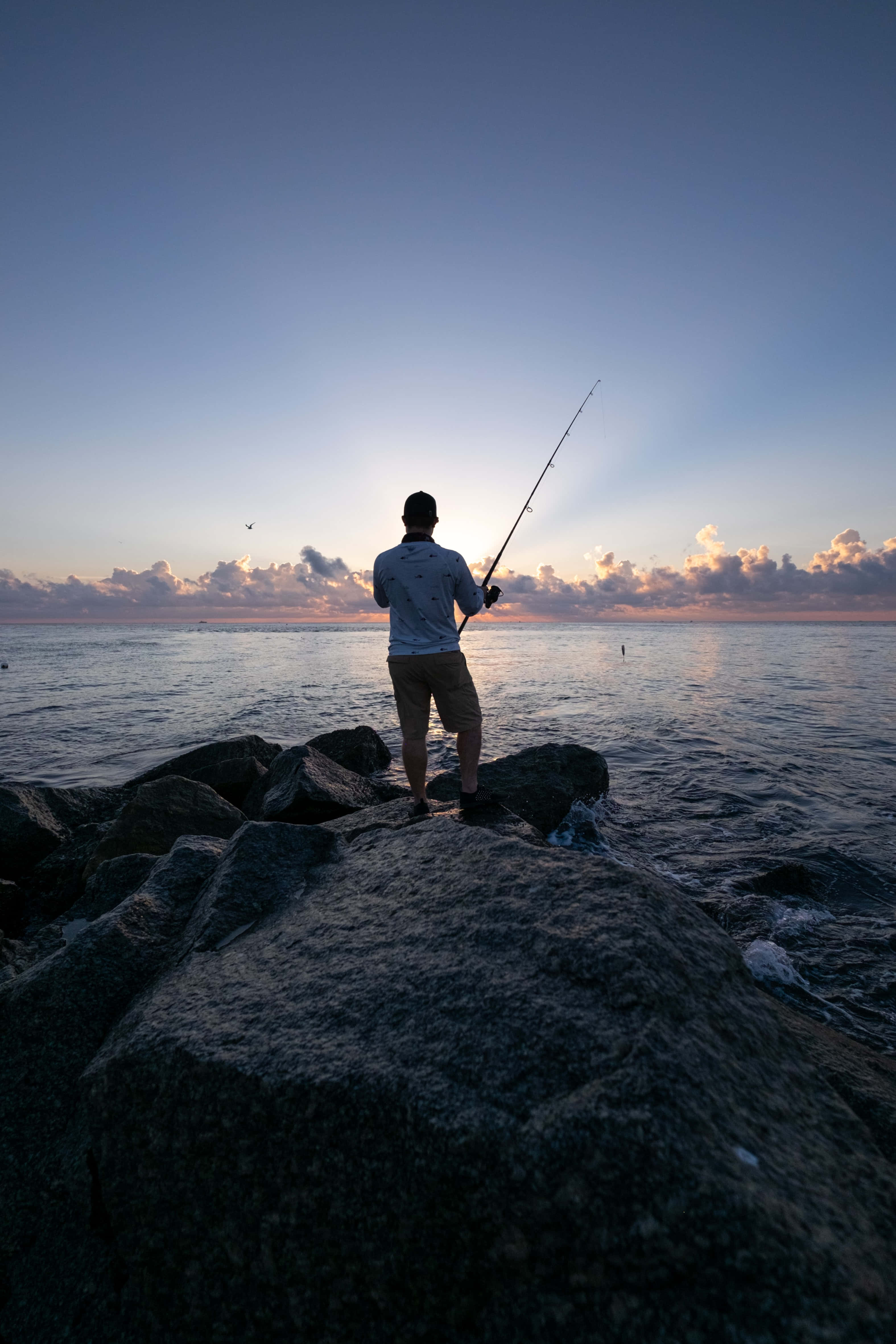 fishing phone, lake, rocky shore, 4K Phone Wallpaper
