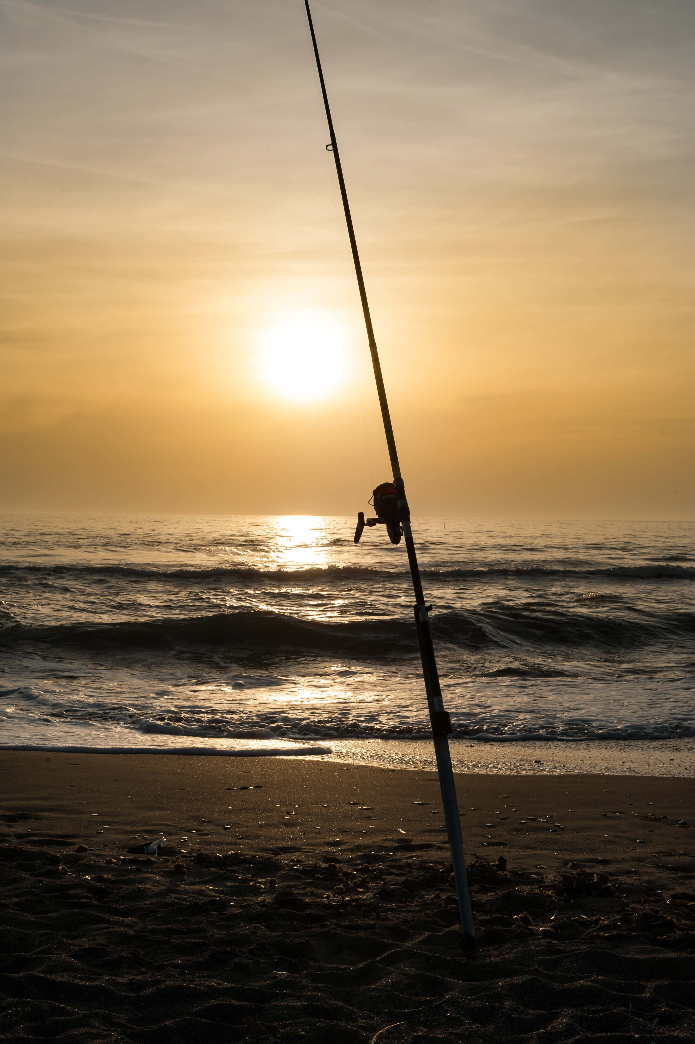 fishing rod, sandy beach, sunset, 4K Phone Wallpaper