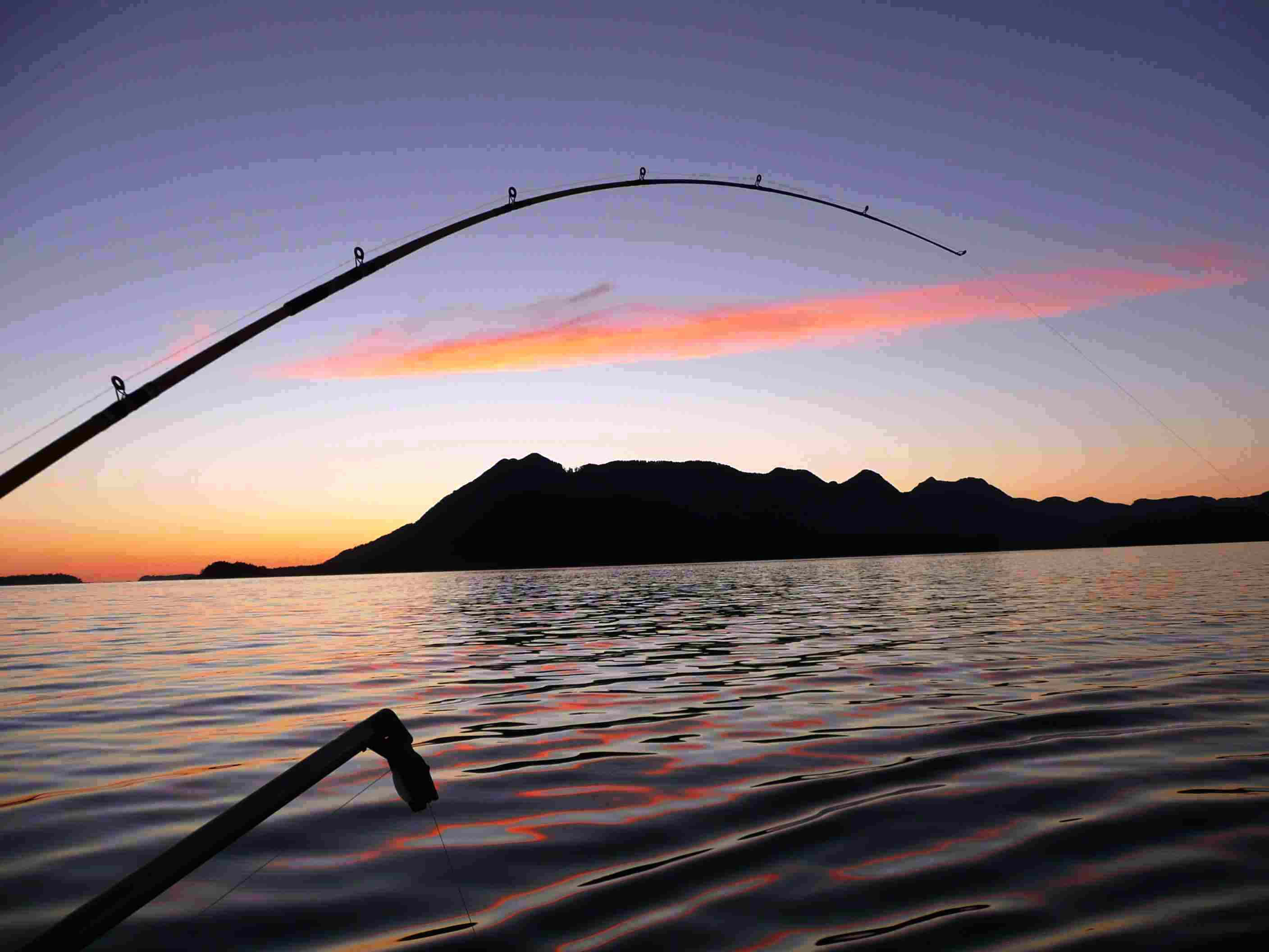 fishing rod, serene lake, vibrant sunset sky, 2K Desktop Wallpaper