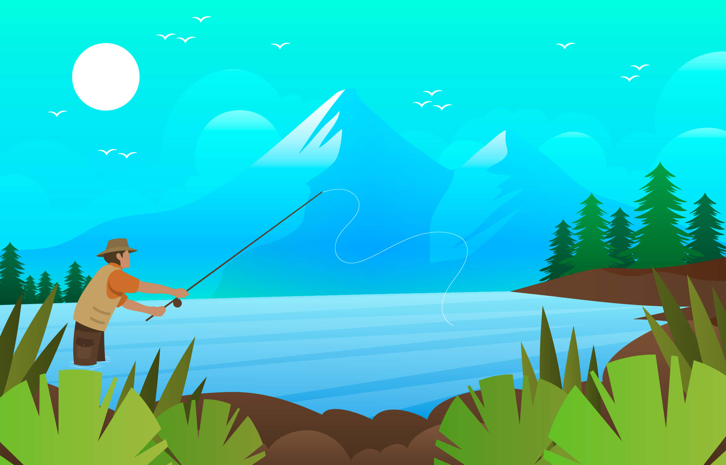 Fishing Rod, lakeshore, bright sun, Full HD Desktop Wallpaper
