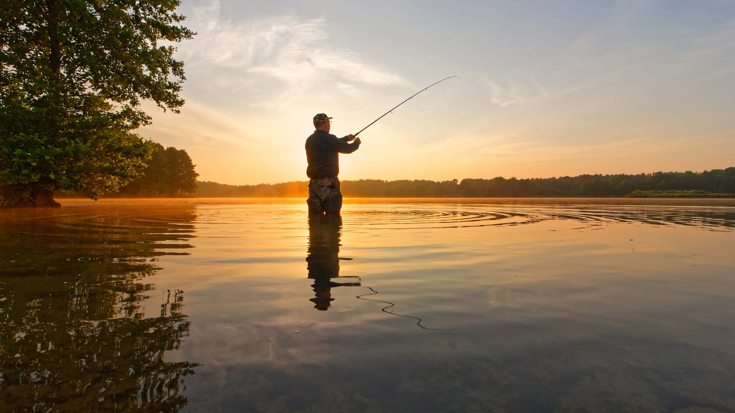 fishing rod, calm lake, sunrise, 2K Desktop Wallpaper