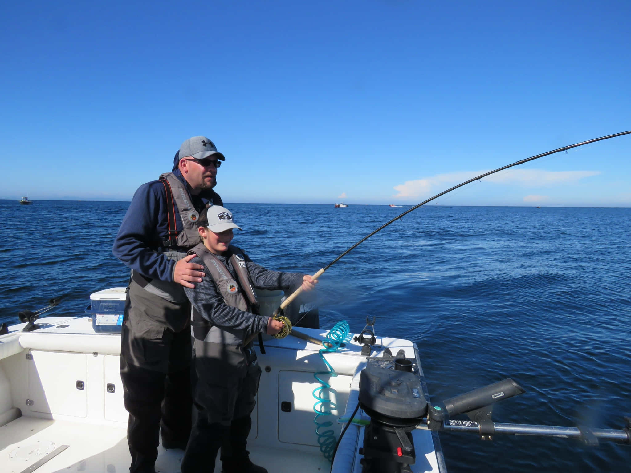 fishing rod, white boat, clear blue sky, Full HD Desktop Wallpaper