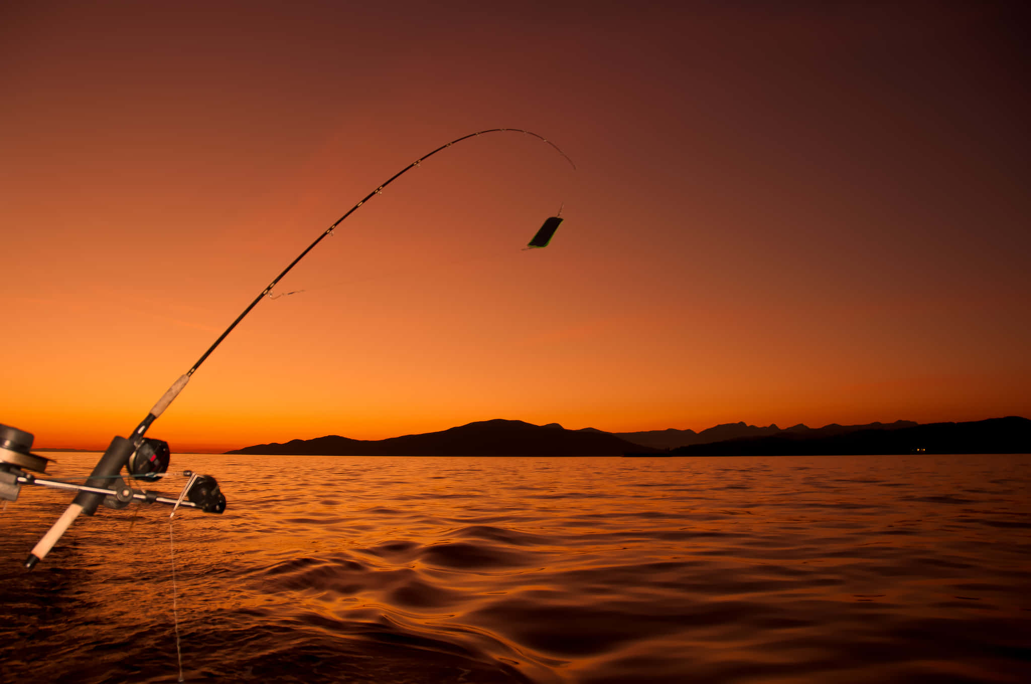 fishing rod, fiery orange sunset, calm water, Full HD Desktop Wallpaper