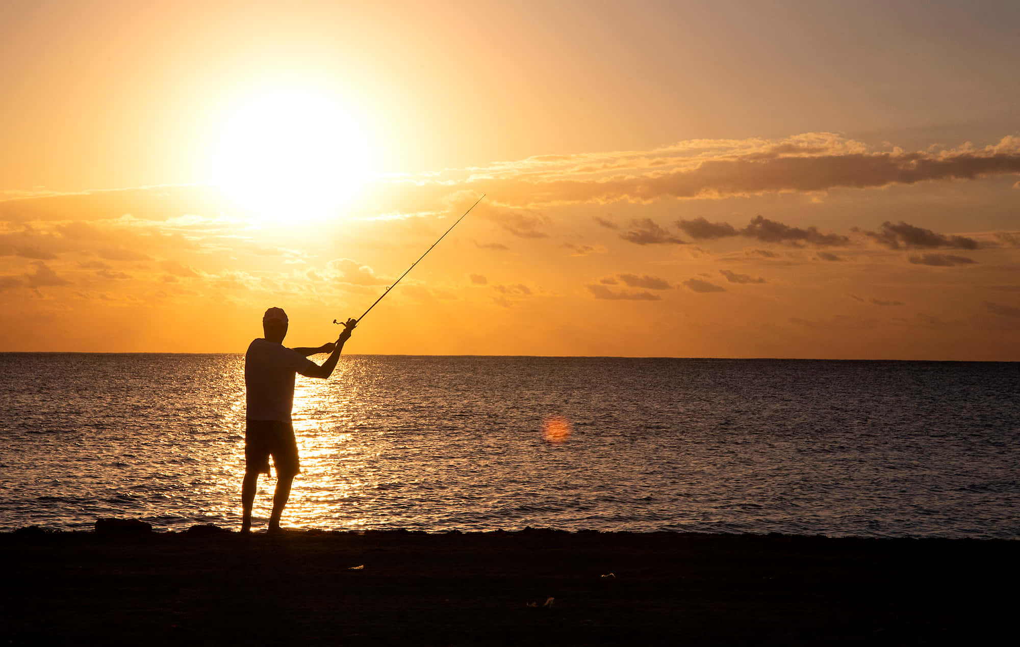 fishing rod, wooden dock, sunset, Full HD Desktop Wallpaper