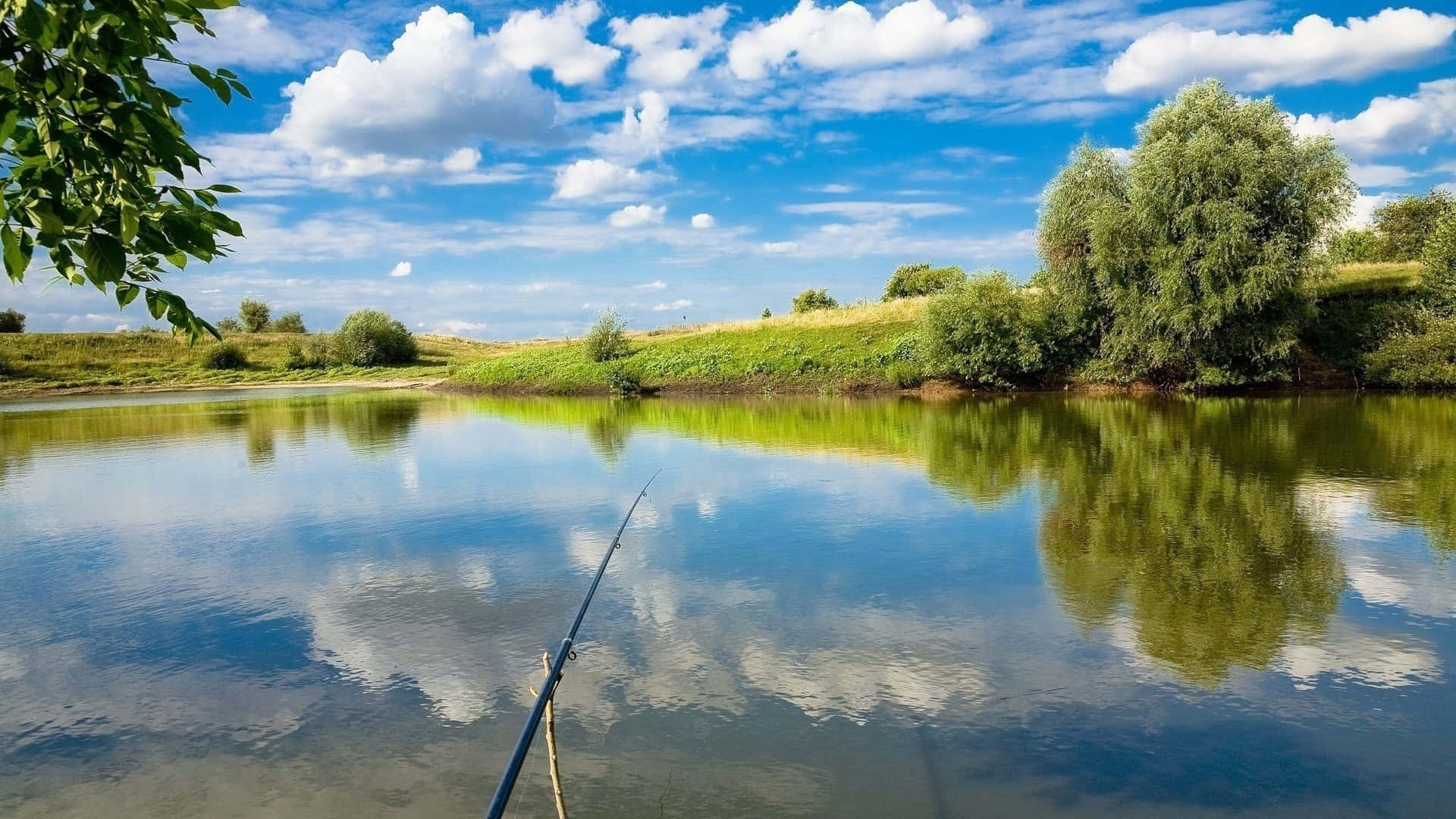 fishing rod, sunset, calm river, Full HD Desktop Wallpaper