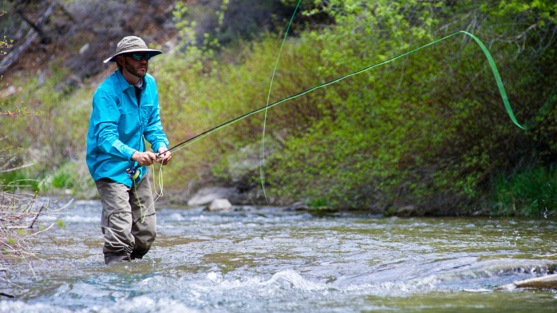 fishing rod, fly fisherman, bright blue shirt, Full HD Desktop Wallpaper
