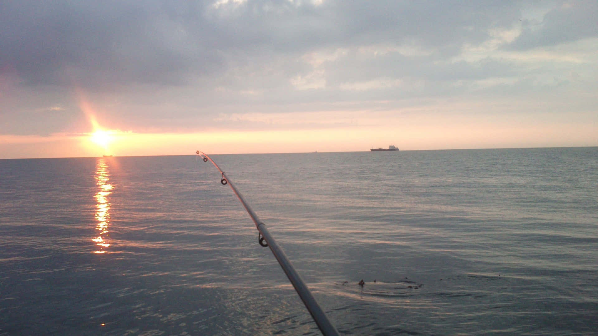 fishing rod, calm ocean waters, sunset, Full HD Desktop Wallpaper