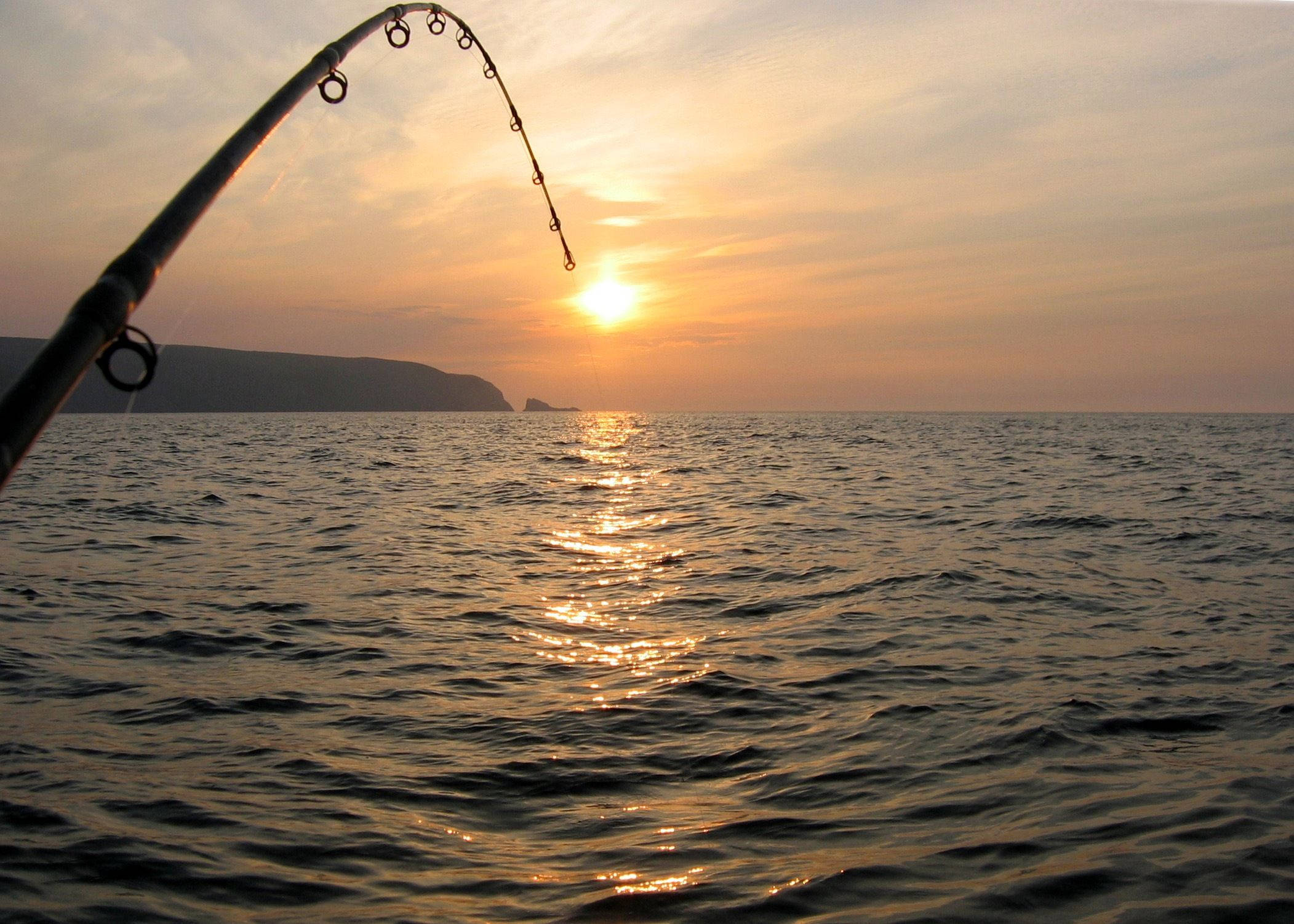 fishing rod, ocean, sunset, Full HD Desktop Wallpaper