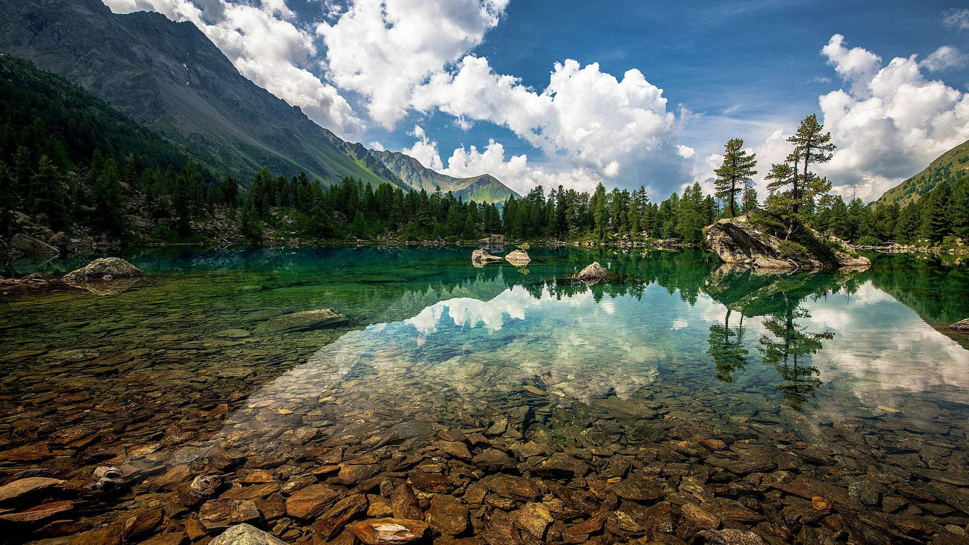 crystal clear mountain lake, fluffy white clouds, pine trees, Full HD Desktop Wallpaper
