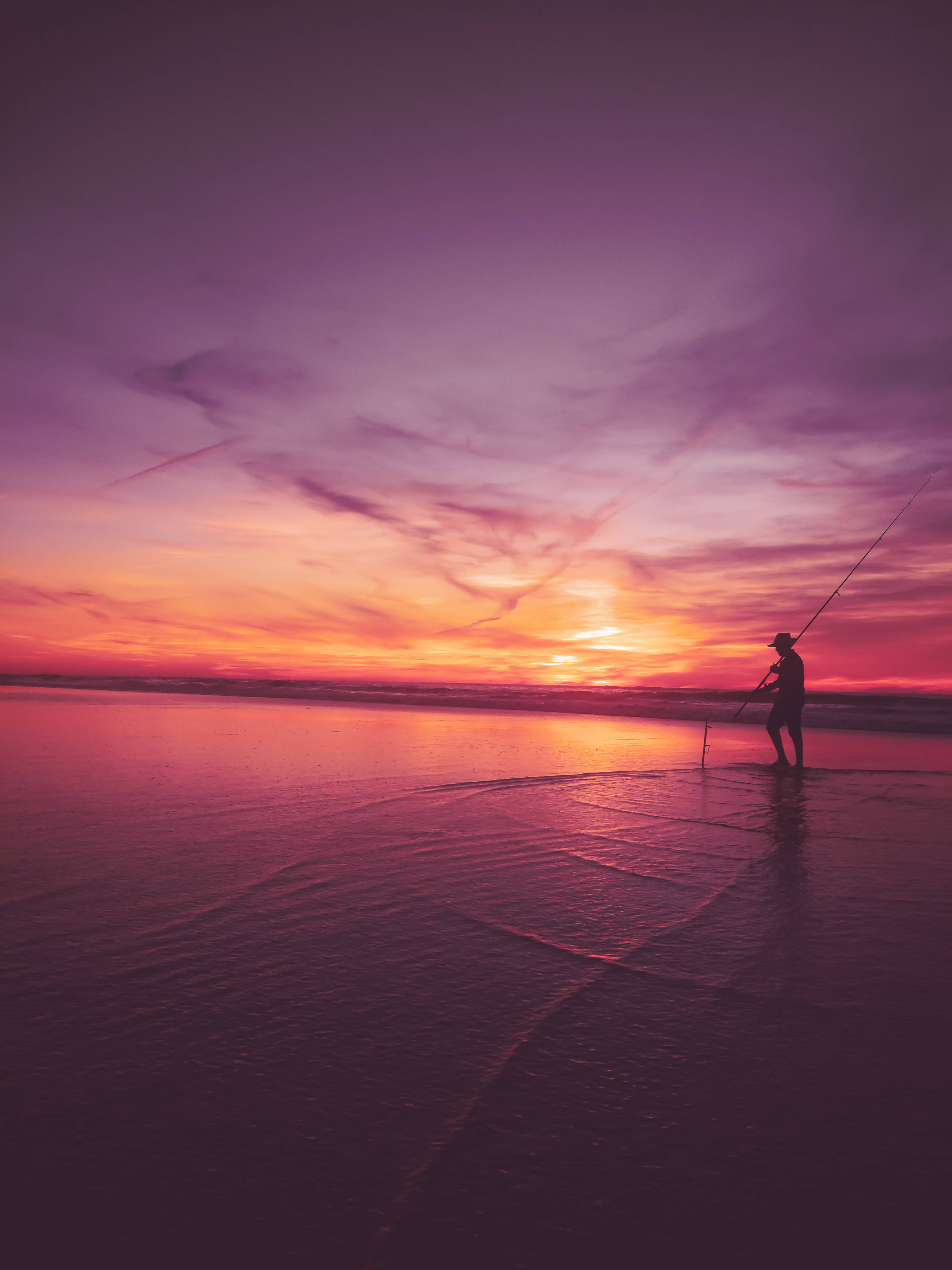 silhouette, fishing man, sunset, 4K Phone Wallpaper