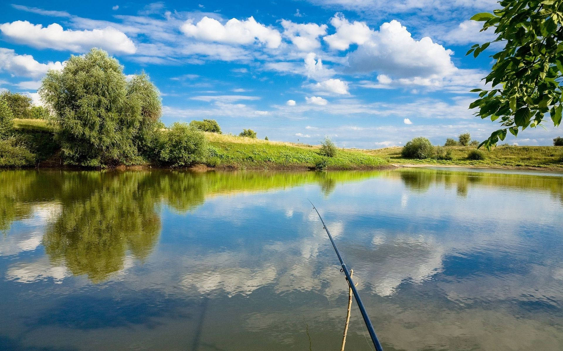fishing rod, lake, calm water, Full HD Desktop Wallpaper