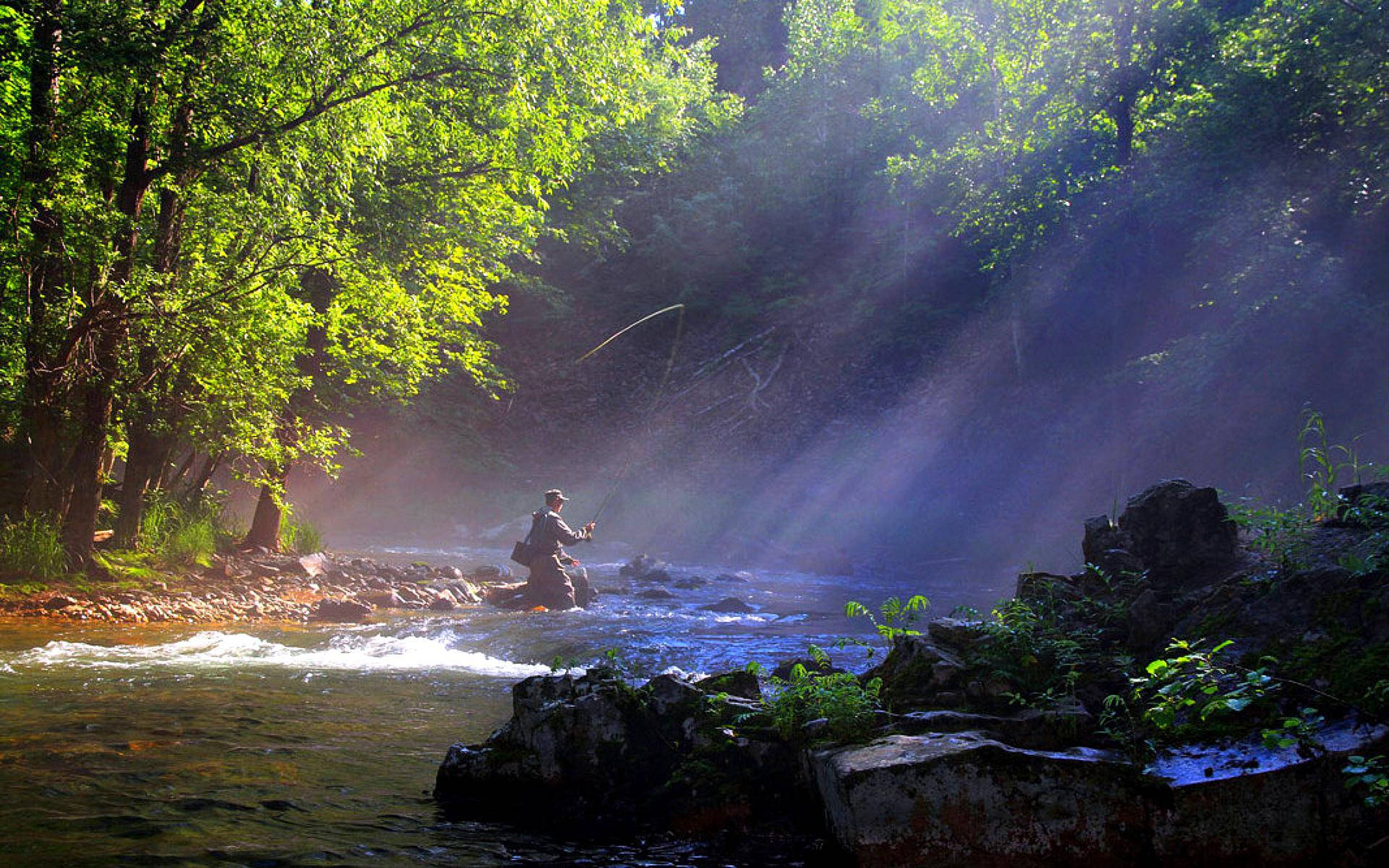 man, river, misty forest stream, Full HD Desktop Wallpaper