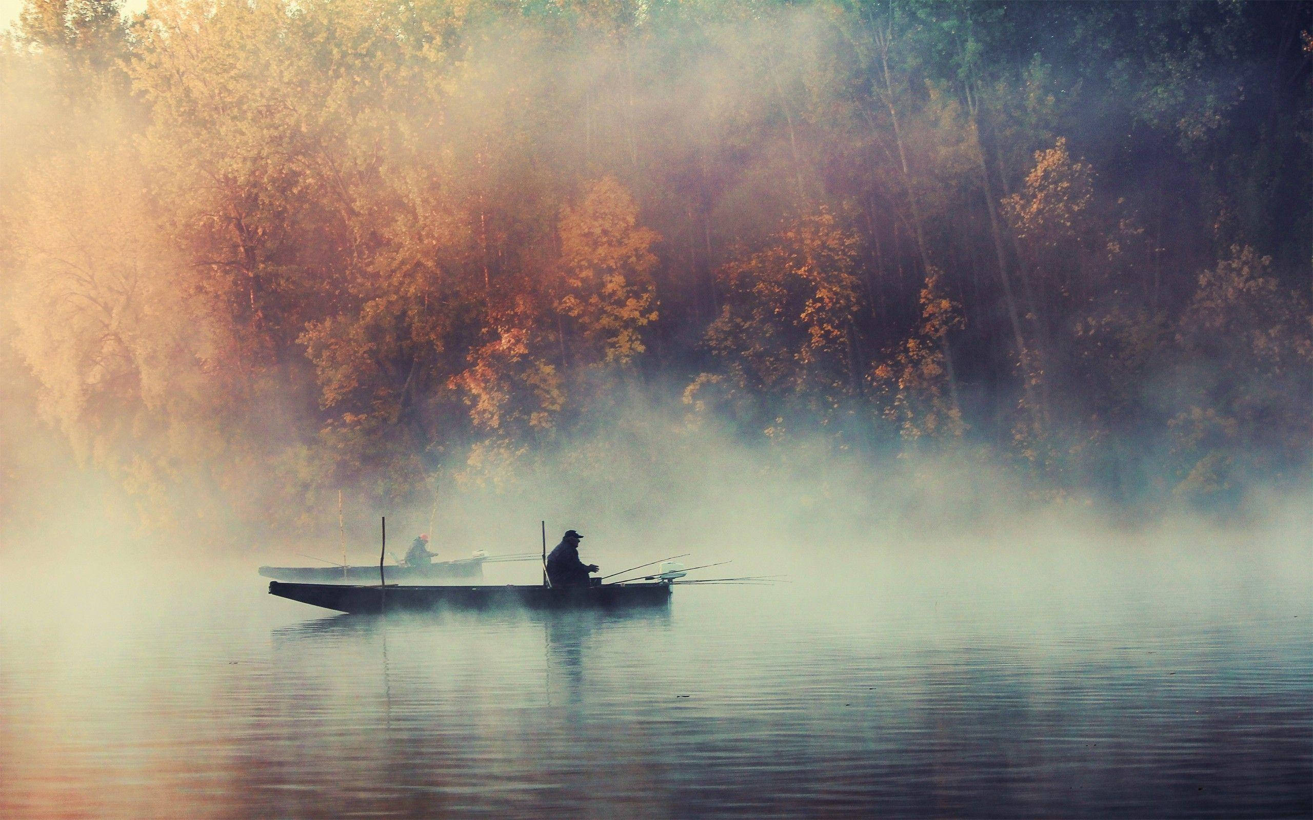 fishing, misty lake, autumn trees, 2K Desktop Wallpaper