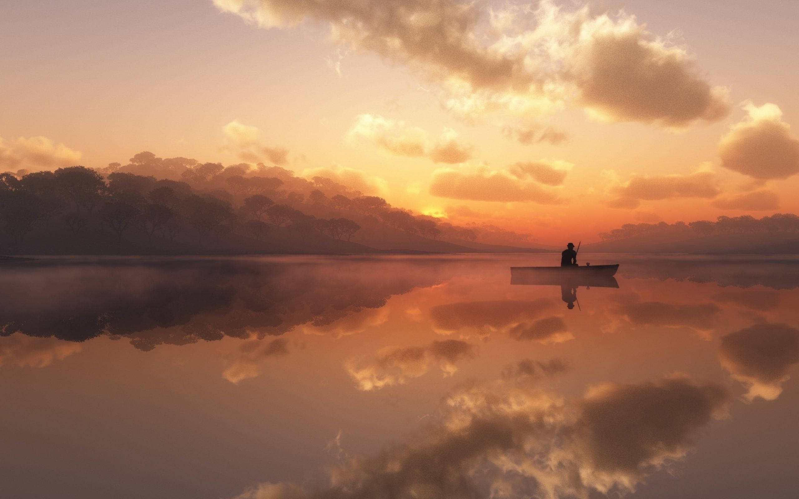 silhouette person, fishing, lake, 2K Desktop Wallpaper