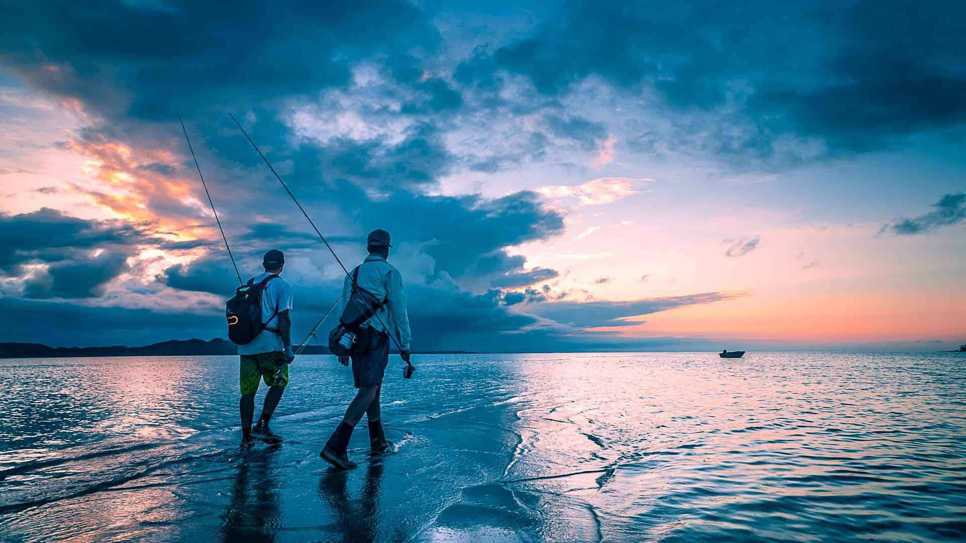 fishing rod, shoreline, sunset, Full HD Desktop Wallpaper