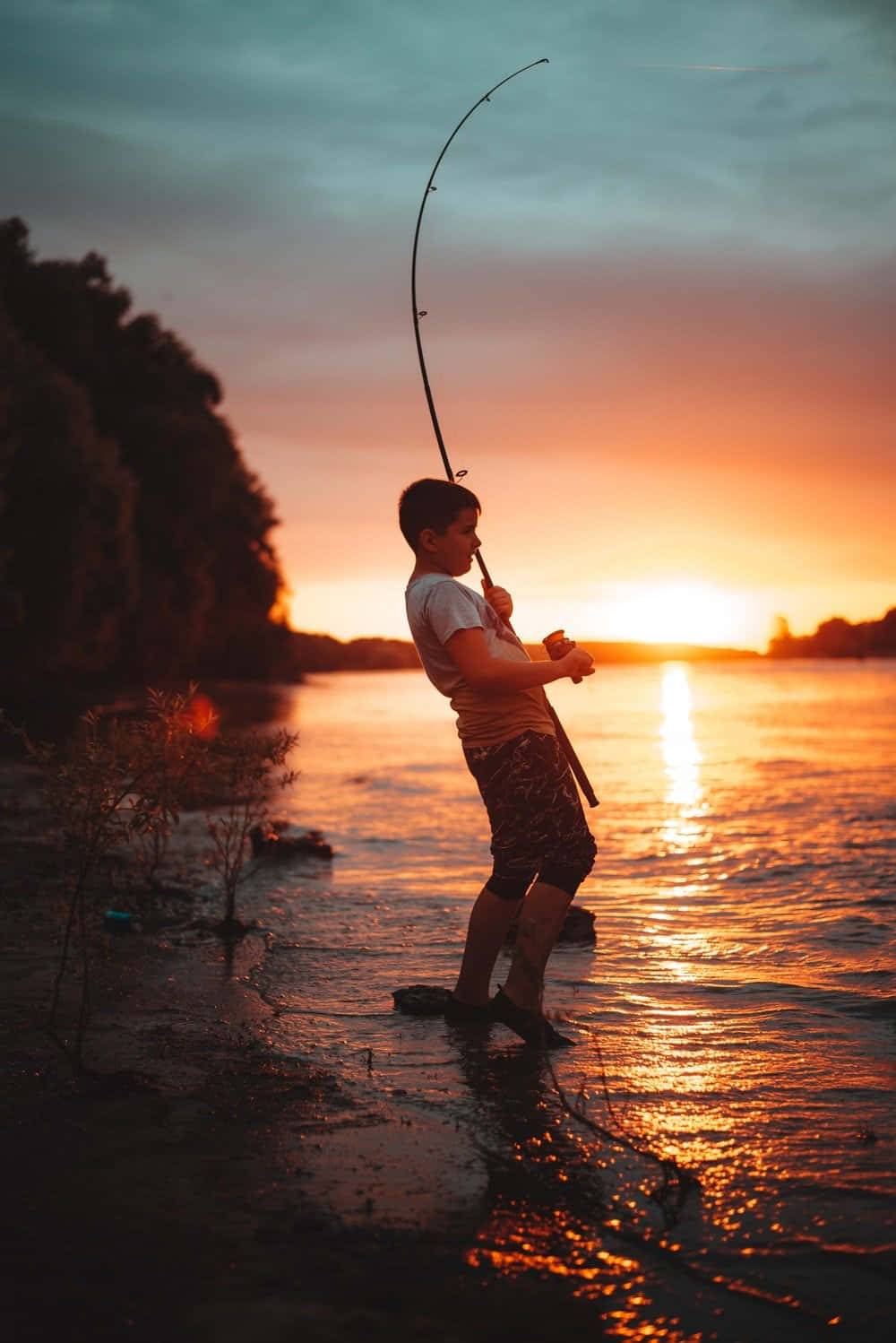 Fishing Phone, Young Boy, sunset, HD Phone Wallpaper