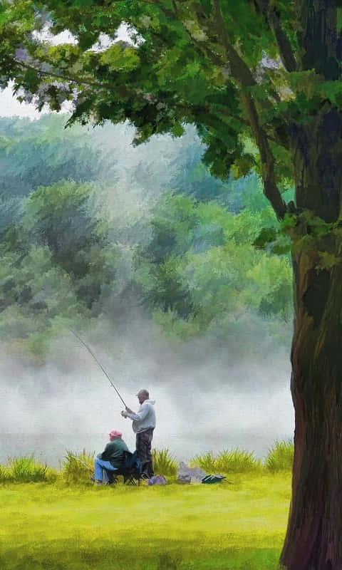 Fishing Phone, misty river, large tree, SD Phone Wallpaper