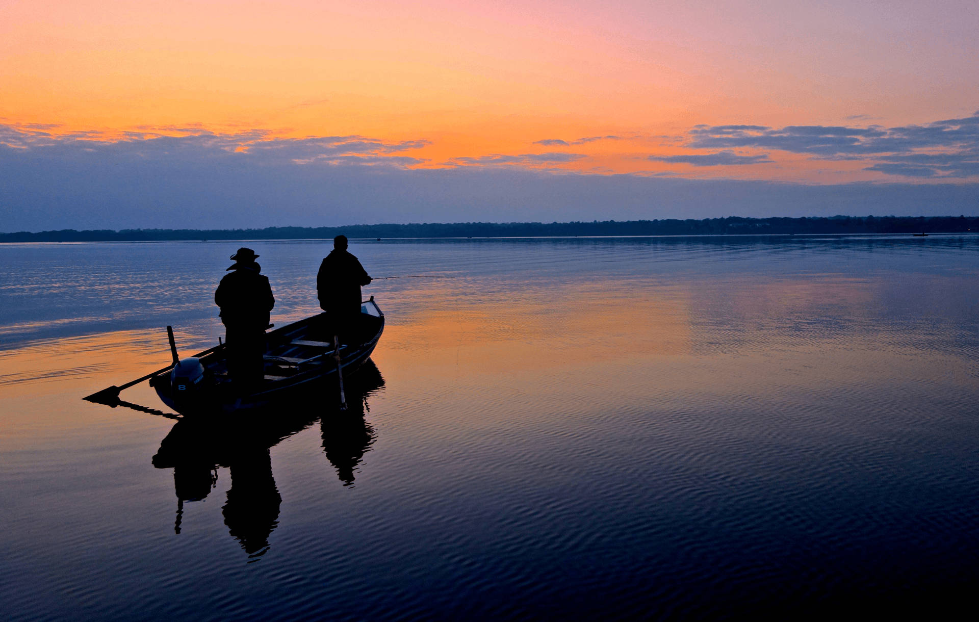 sunset, lake, small boat, Full HD Desktop Wallpaper