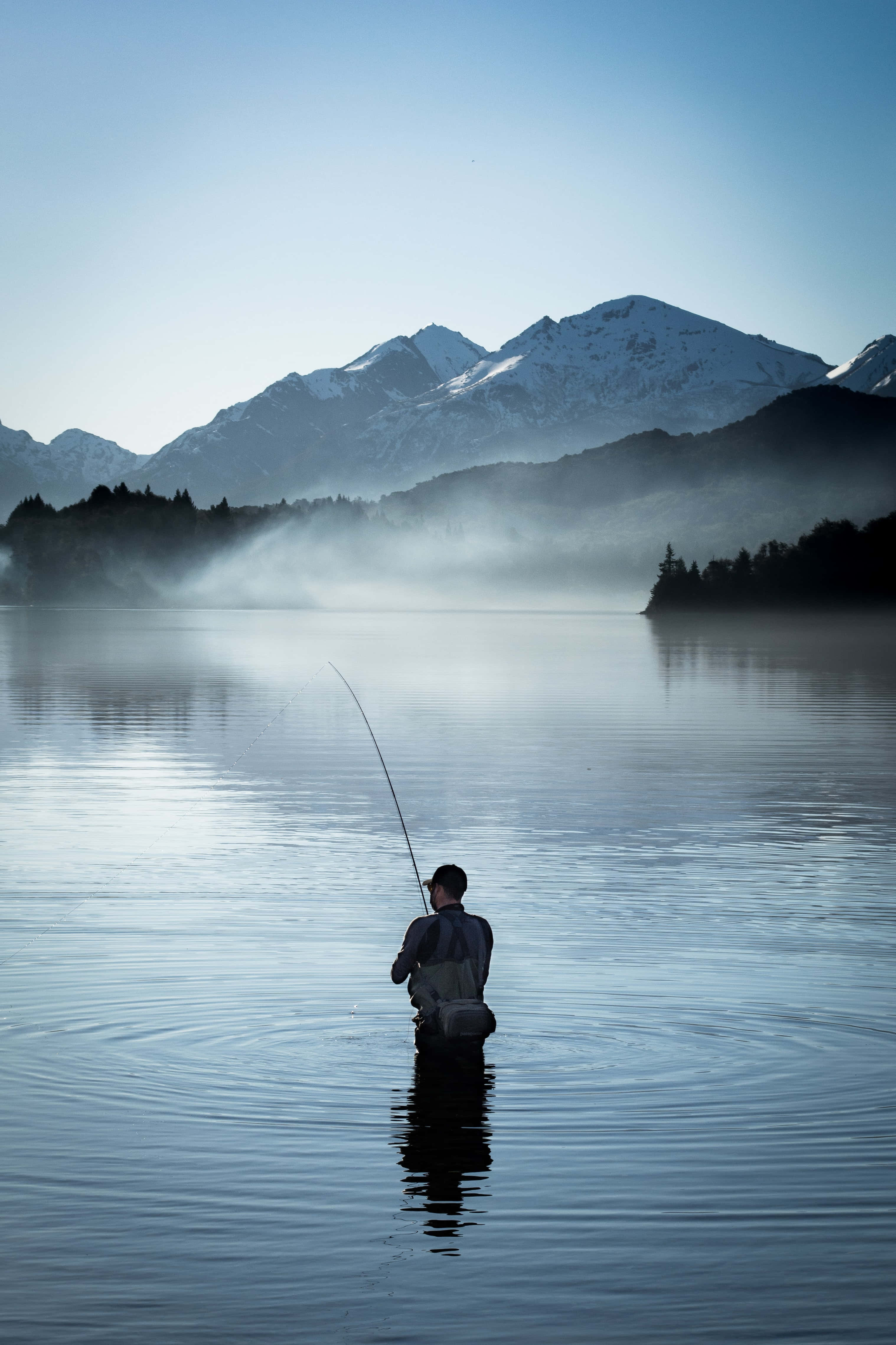 Fishing Phone, anglers, misty lake, 4K Phone Wallpaper