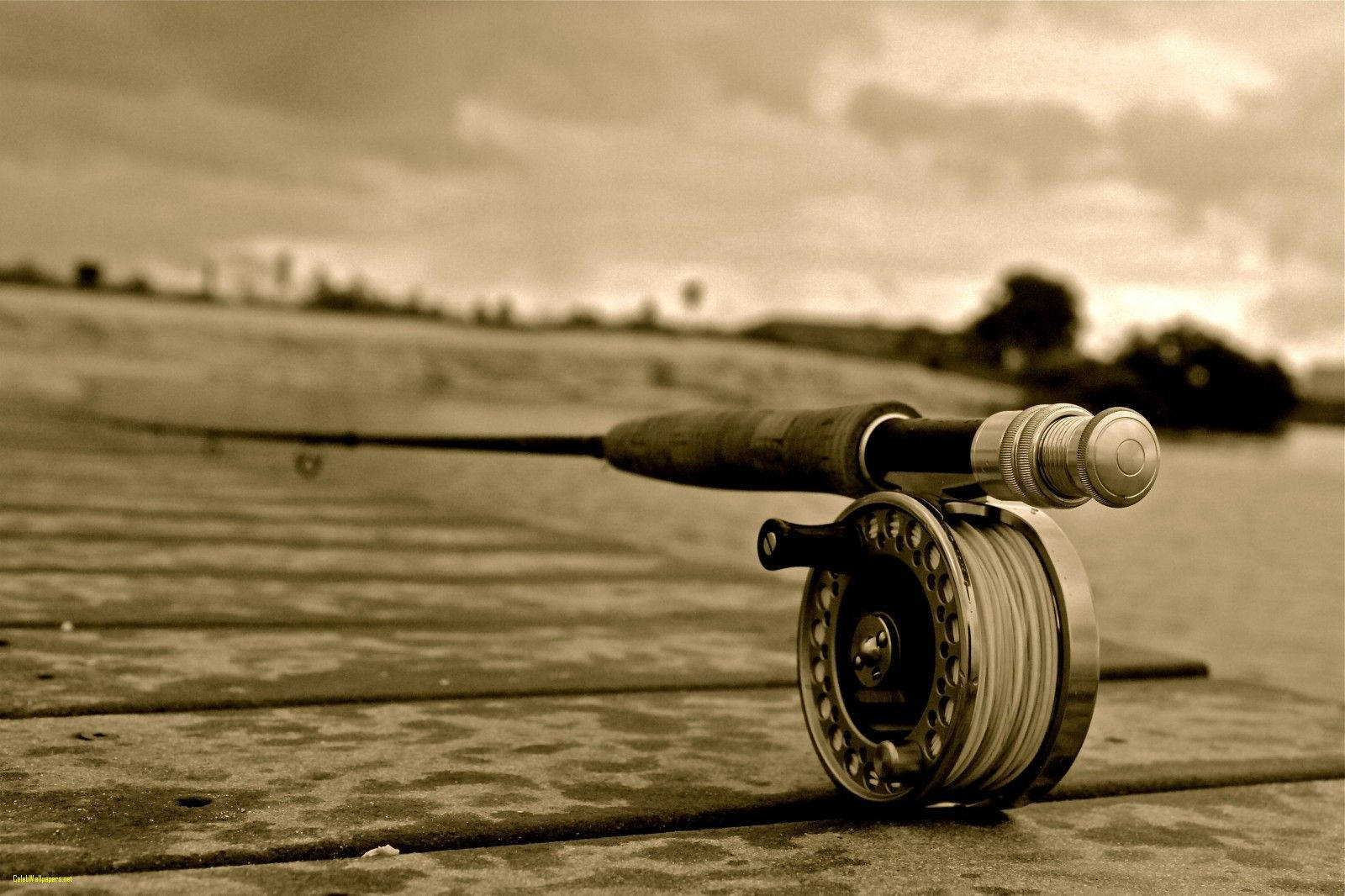 fly fishing rod, reel, weathered wooden planks, HD Desktop Wallpaper