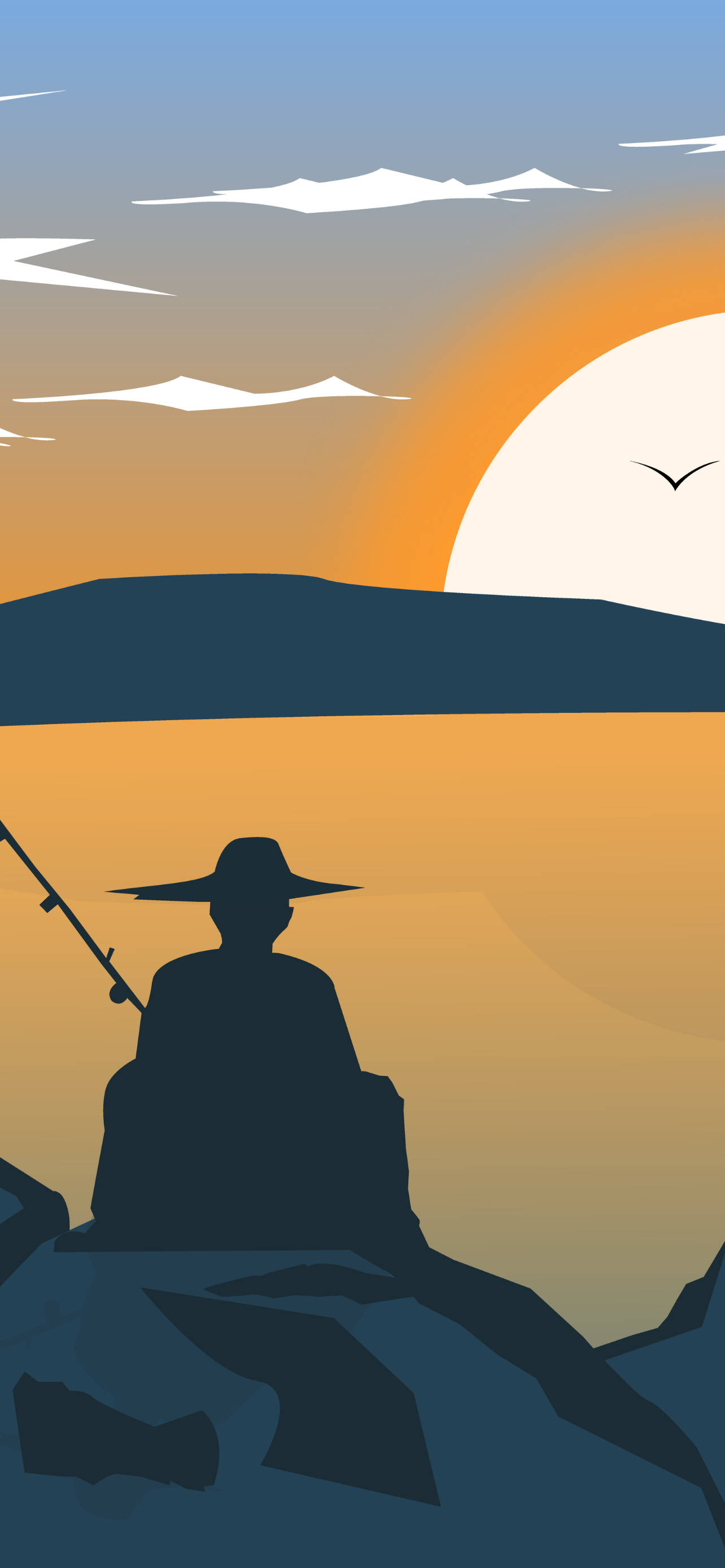 flat art, man fishing, silhouette, 2K Phone Wallpaper