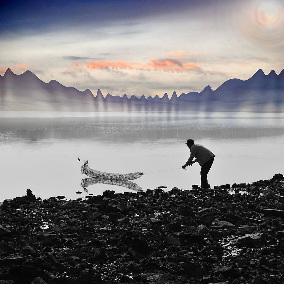 fisherman, rocky shore, twilight, SD Desktop Wallpaper