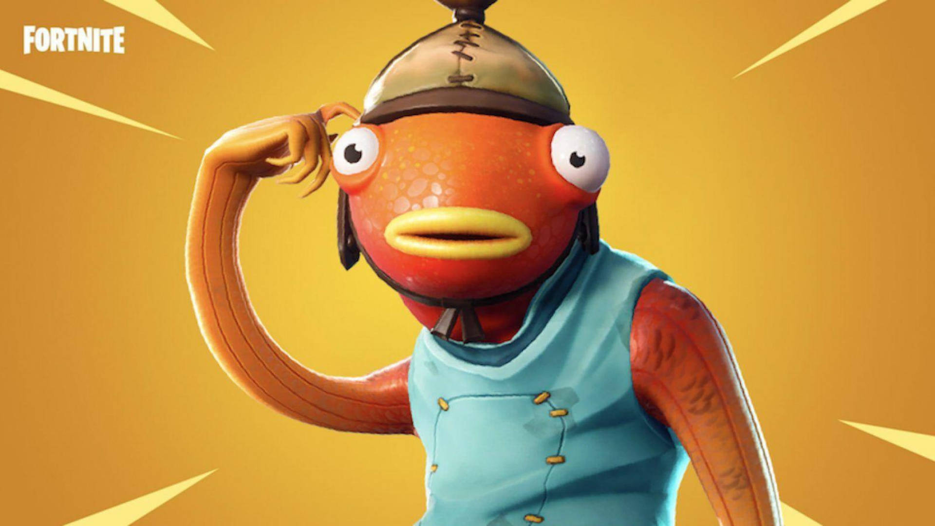 Fishstick Fortnite, orange fish character, blue vest, Full HD Desktop Wallpaper