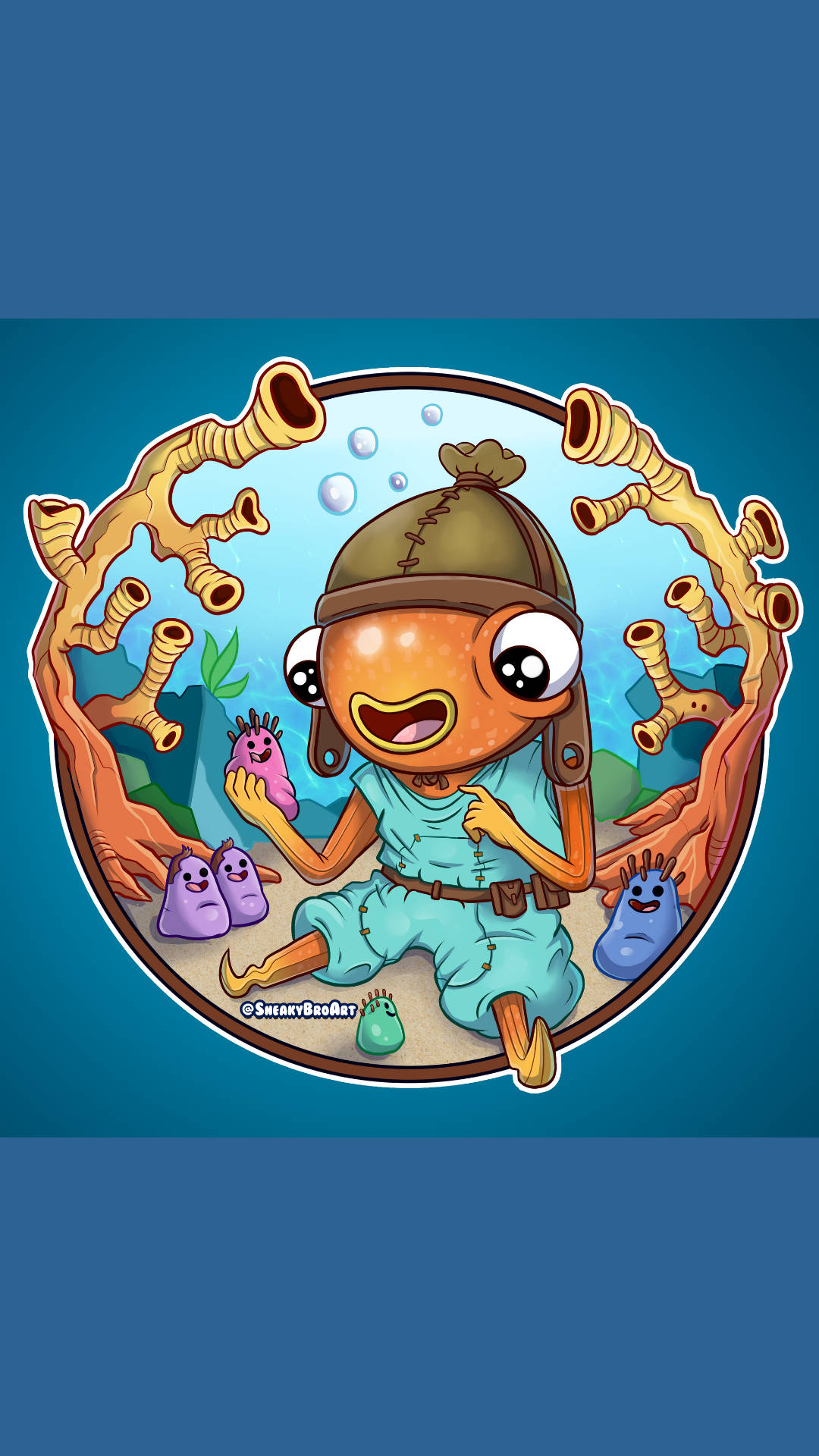 Fishstick Fortnite, sea aquarium, orange cartoon diver, Full HD Phone Wallpaper