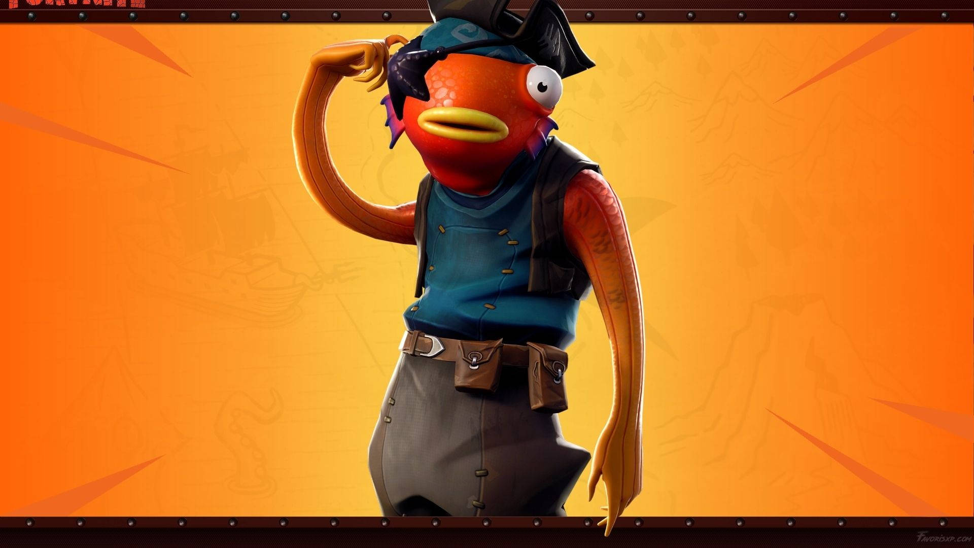 Fishstick fortnite, pirate poster, cartoonish orange fish, Full HD Desktop Wallpaper
