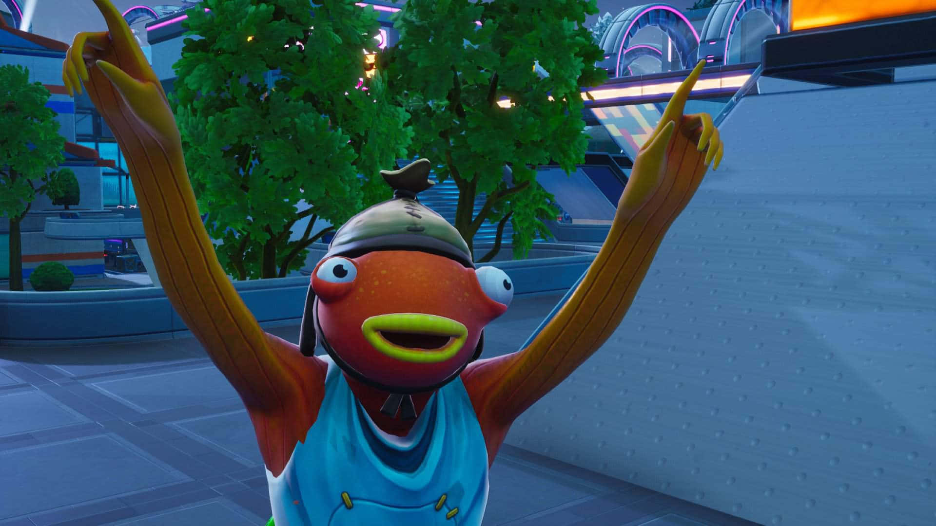 Fortnite Fishstick outfit, cartoon fish character, blue tank top, Full HD Desktop Wallpaper
