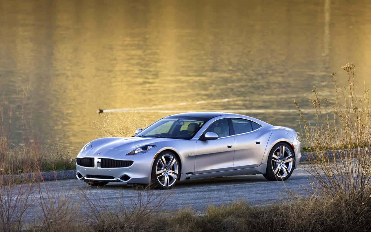 Fisker, sleek silver sports car, golden-hued lake, HD Desktop Wallpaper