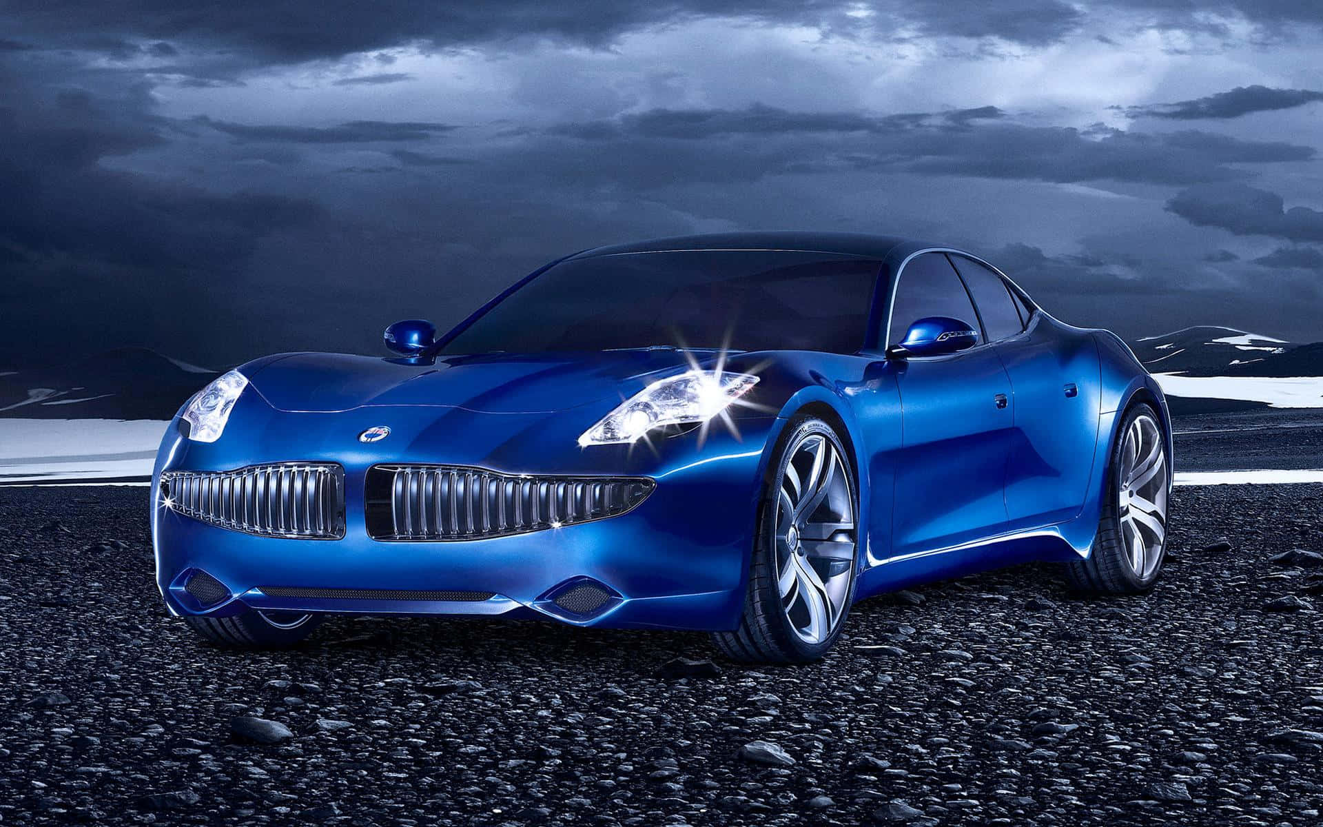Fisker, sleek blue sports car, storm clouds, Full HD Desktop Wallpaper