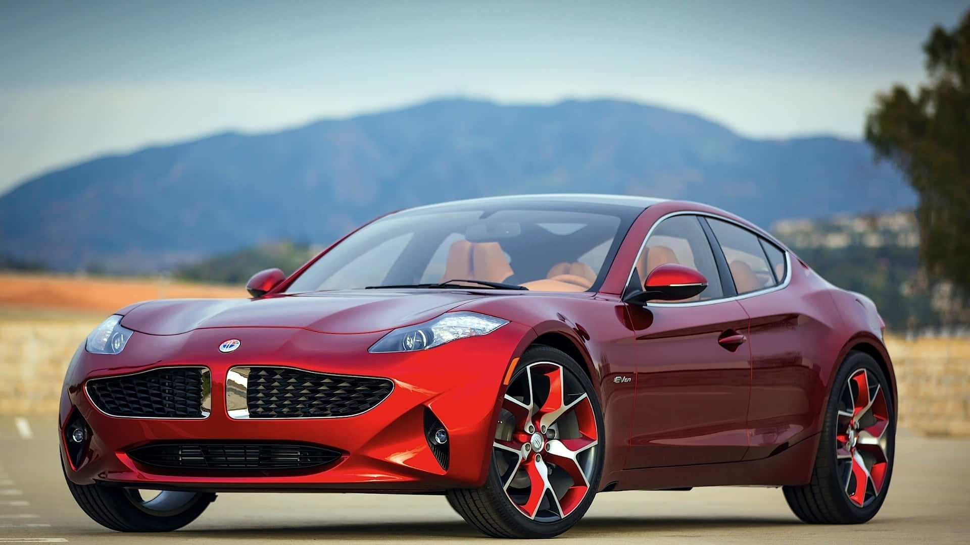 Fisker, glossy red sports car, black and red wheels, Full HD Desktop Wallpaper