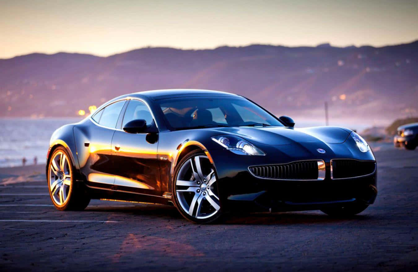 Fisker, sleek black sports car, golden sunset light, HD Desktop Wallpaper