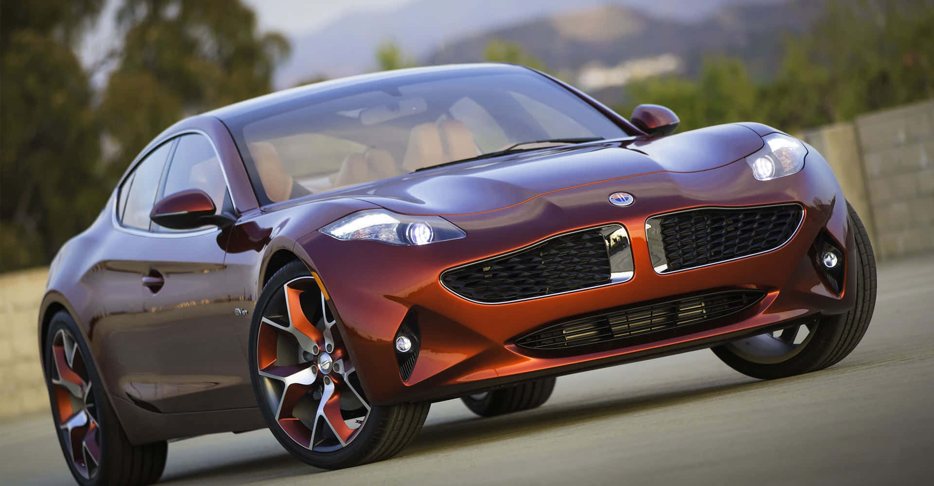 Fisker, maroon, orange-accented wheels, Full HD Desktop Wallpaper