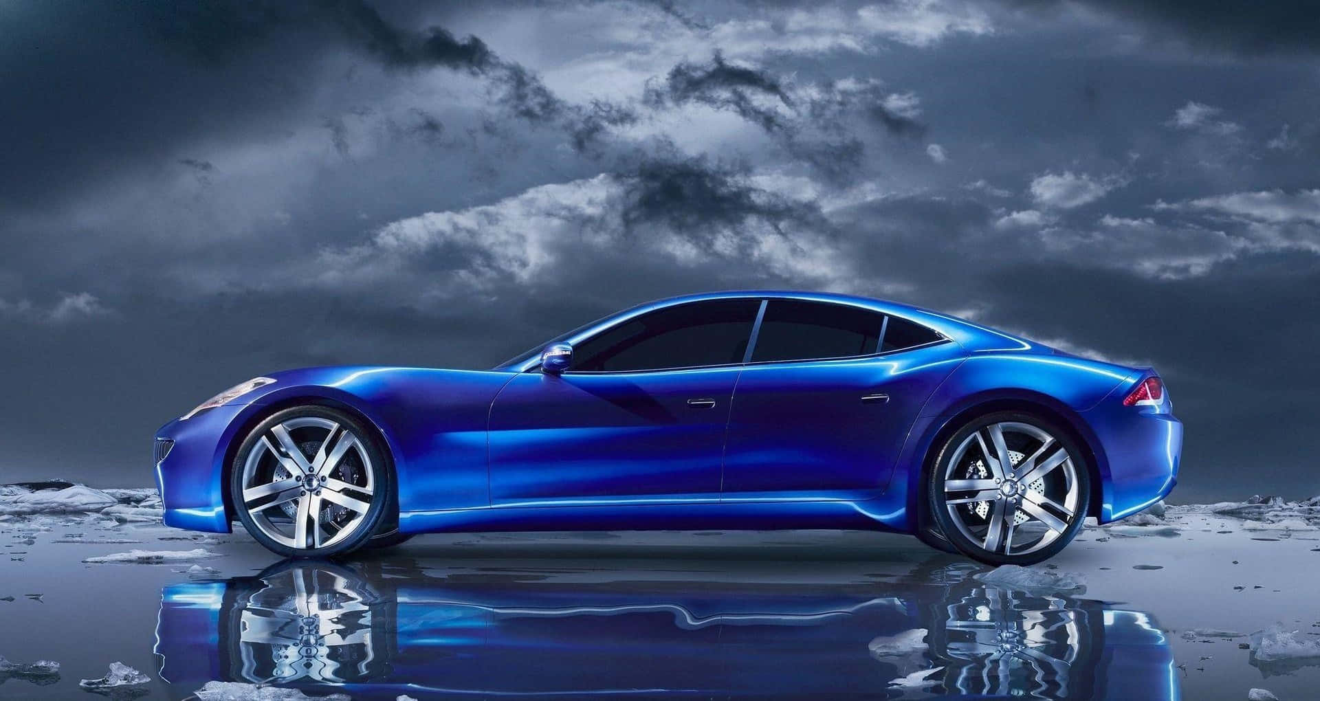 Fisker, sleek blue sports car, wet ground, Full HD Desktop Wallpaper