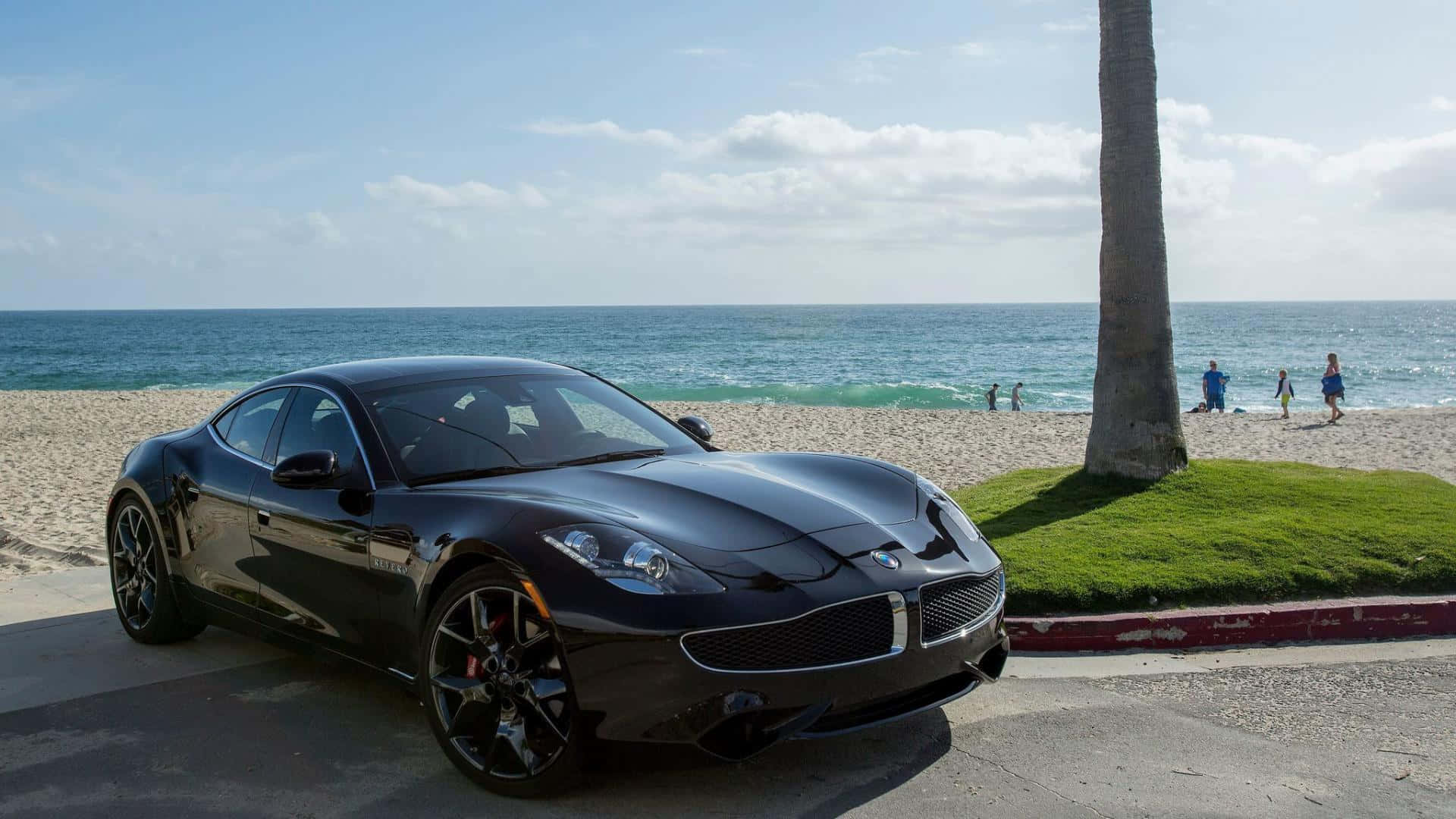 Fisker, sleek black sports car, sunny beachside road, Full HD Desktop Wallpaper