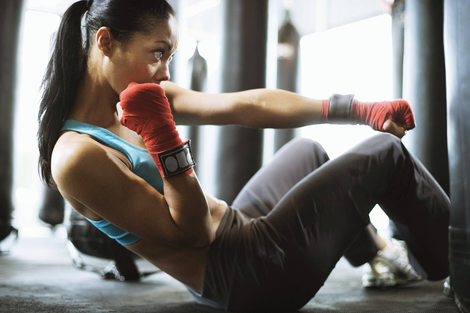 red boxing wraps, intense training session, gym, Full HD Desktop Wallpaper