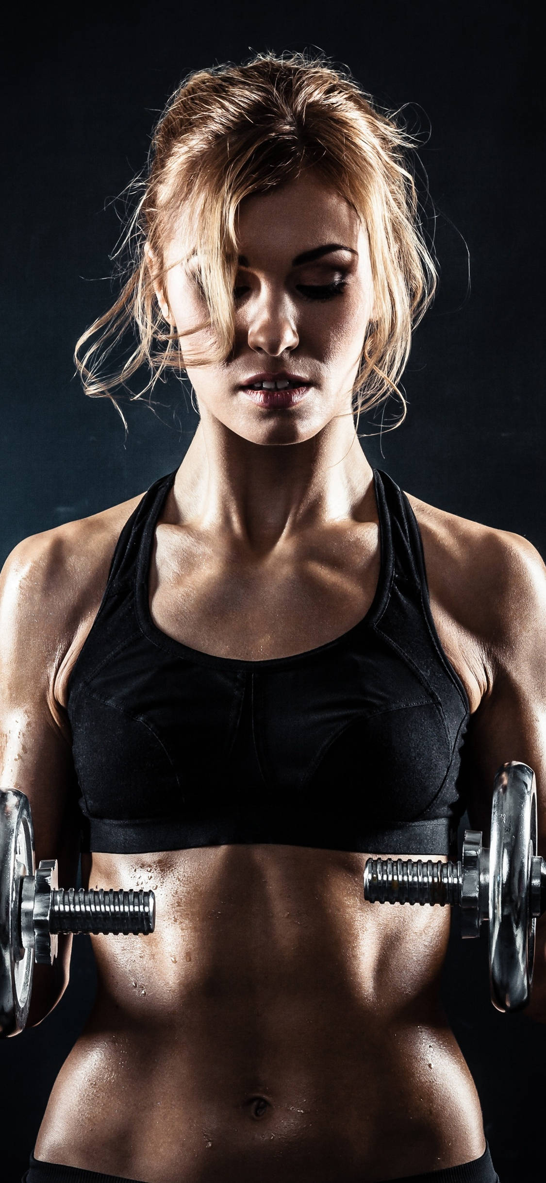muscular blonde woman, black sports bra, dumbbells, Full HD Phone Wallpaper