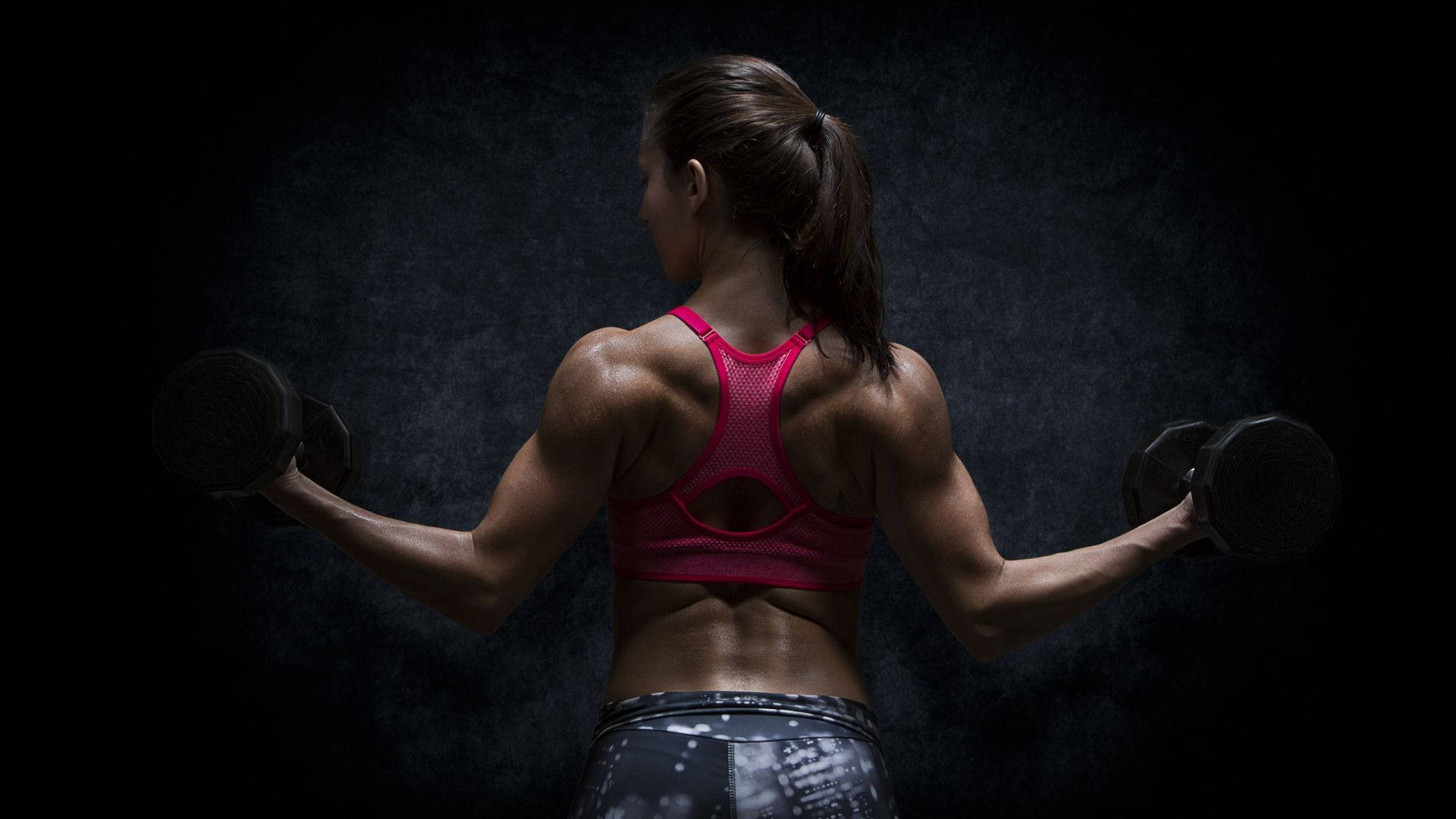 pink sports bra, dumbbells, dark textured backdrop, Full HD Desktop Wallpaper