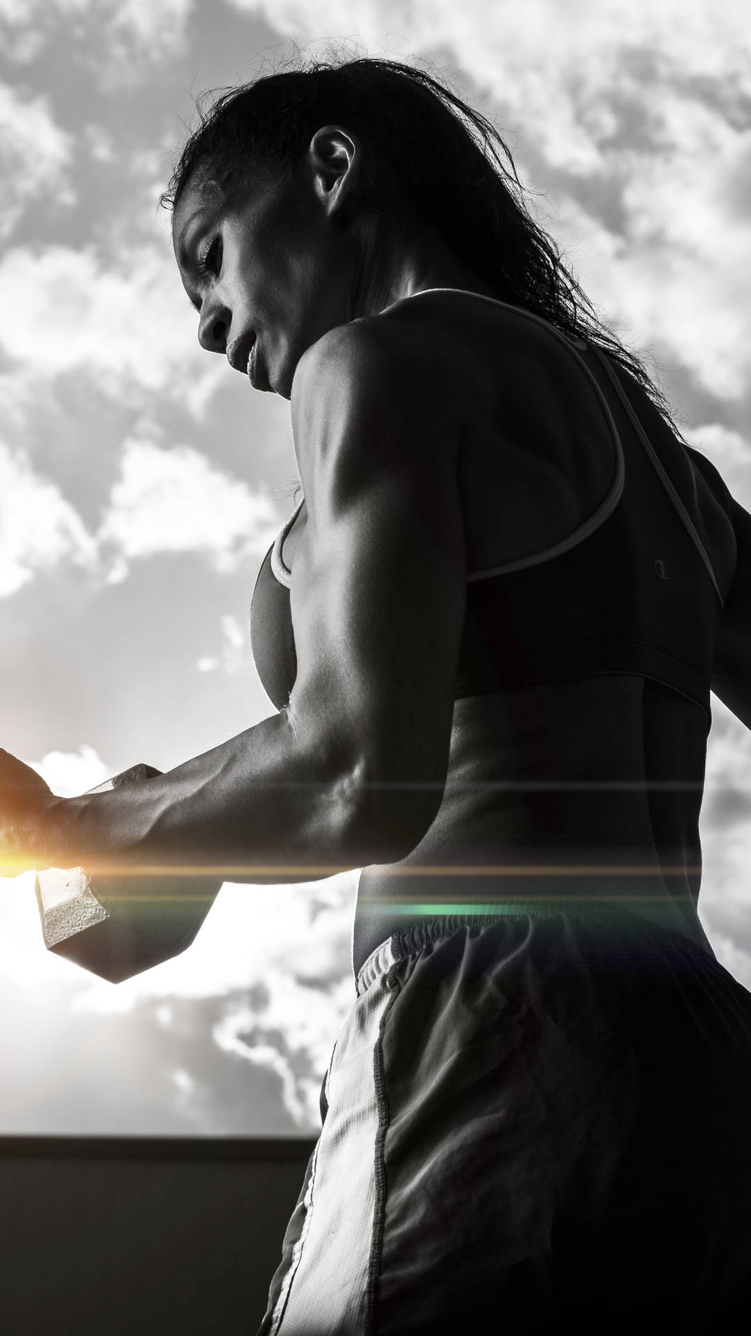 Fit Woman, cloudy sky, sun flare, Full HD Phone Wallpaper
