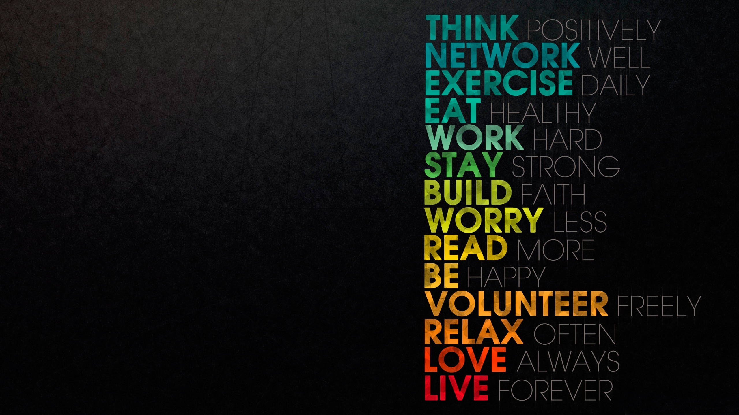 Think Positively Fitness Motivations, colorful text, dark textured background, 2K Desktop Wallpaper