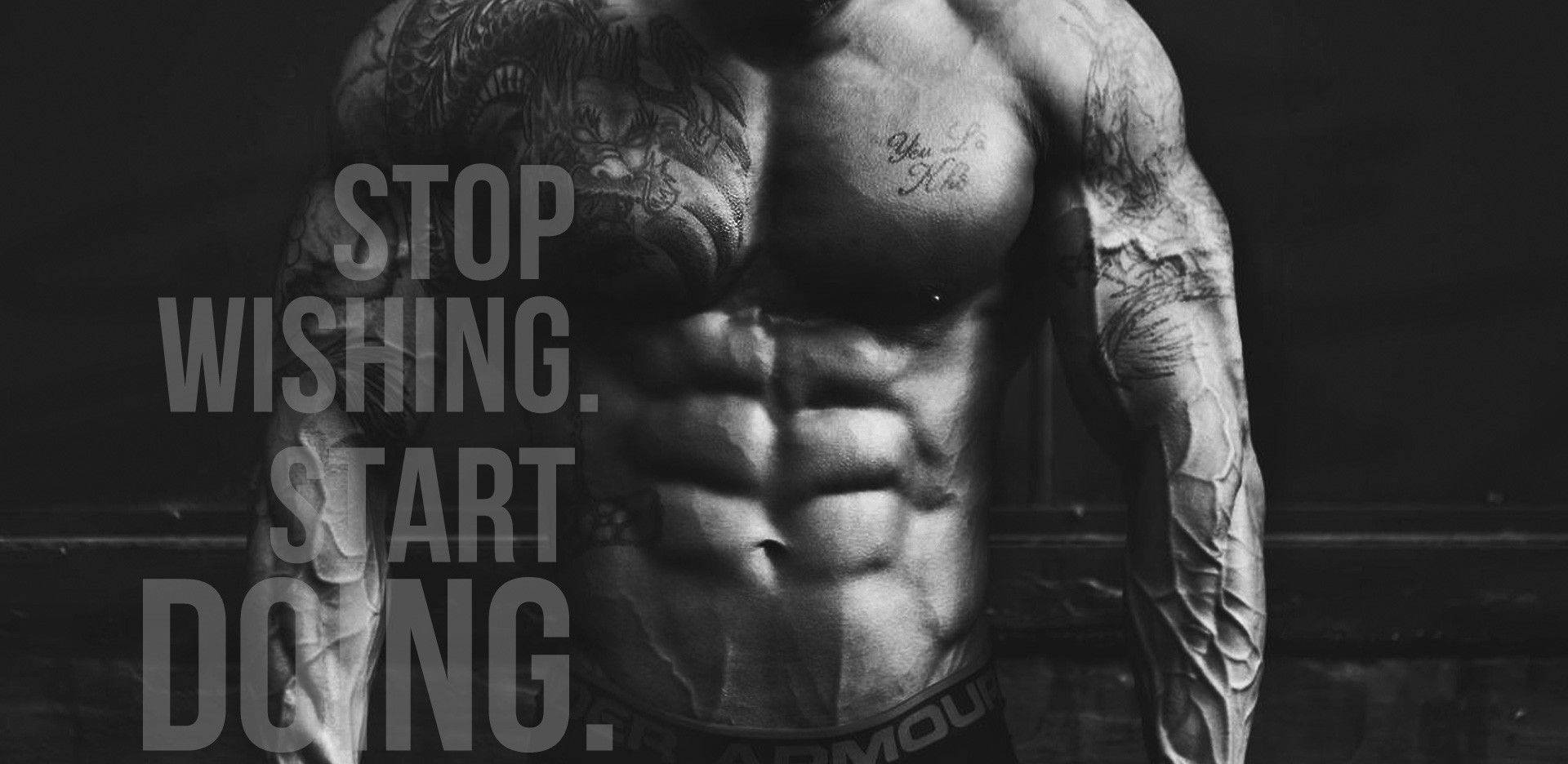 black and white photo, tattooed muscular man, defined abs, Full HD Desktop Wallpaper