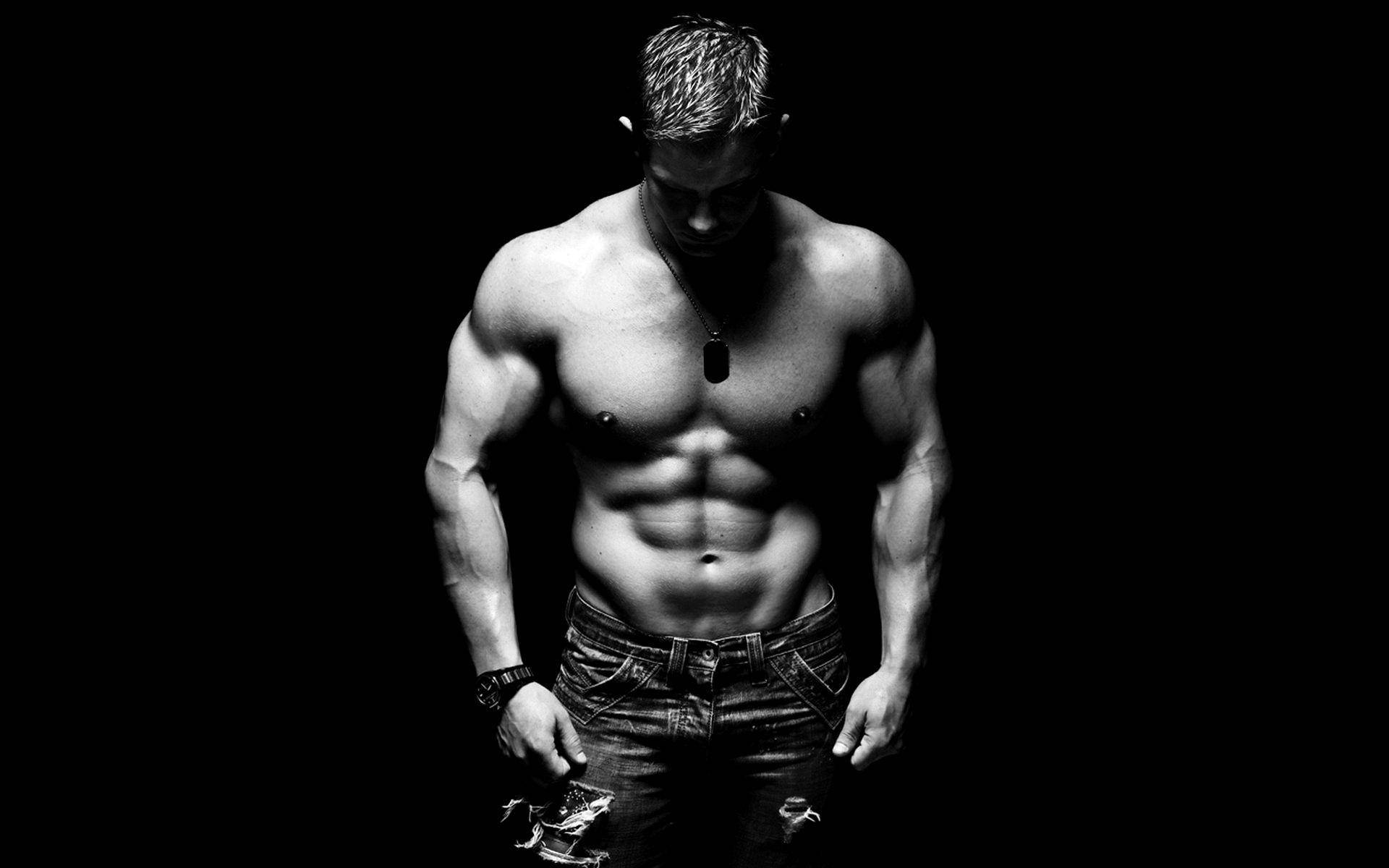 black and white portrait, muscular man, defined abs, Full HD Desktop Wallpaper